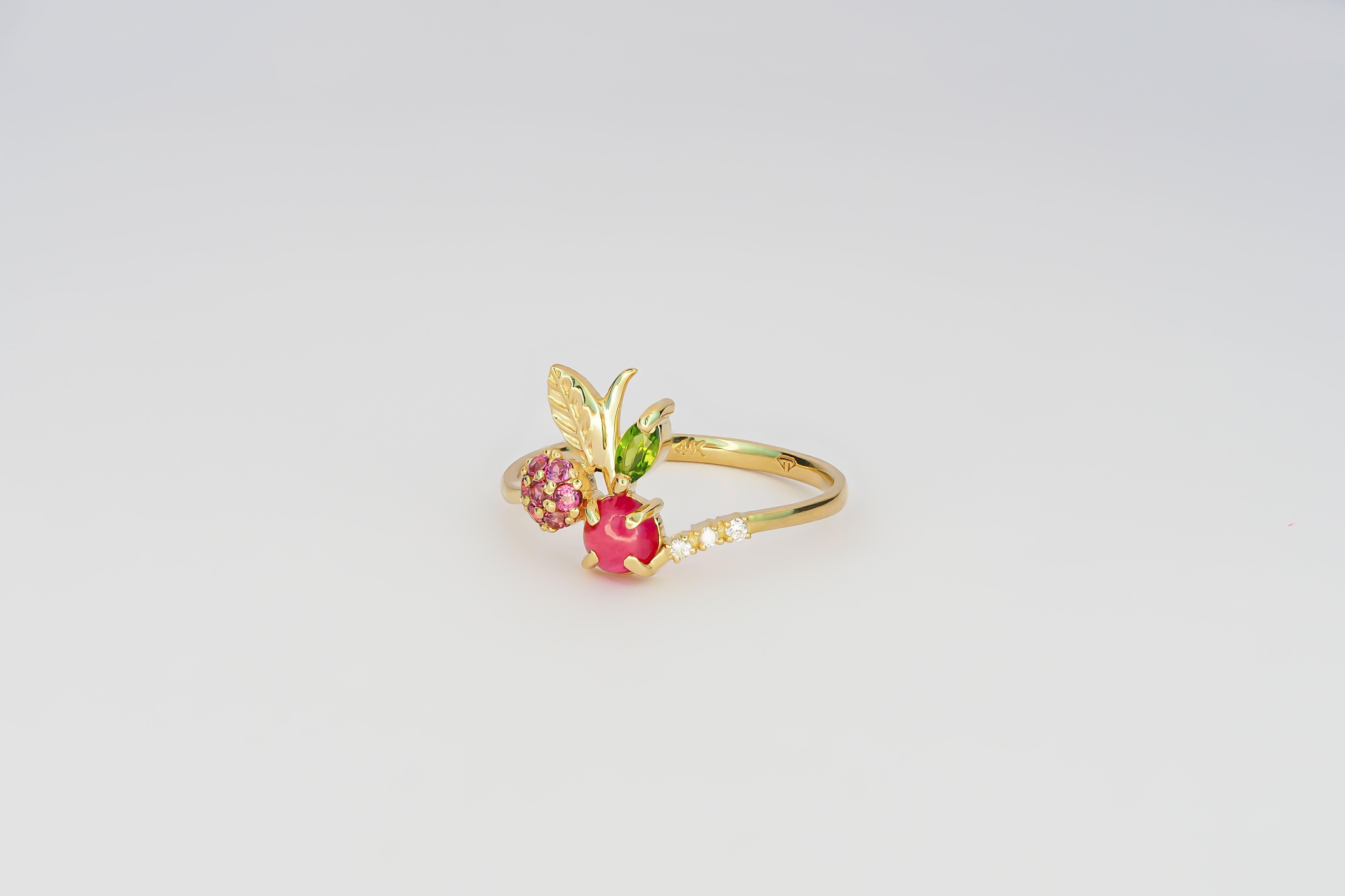 For Sale:  14k Gold Ring with Ruby, Rose Sapphires, Tourmaline and Diamonds Cherry Ring 3