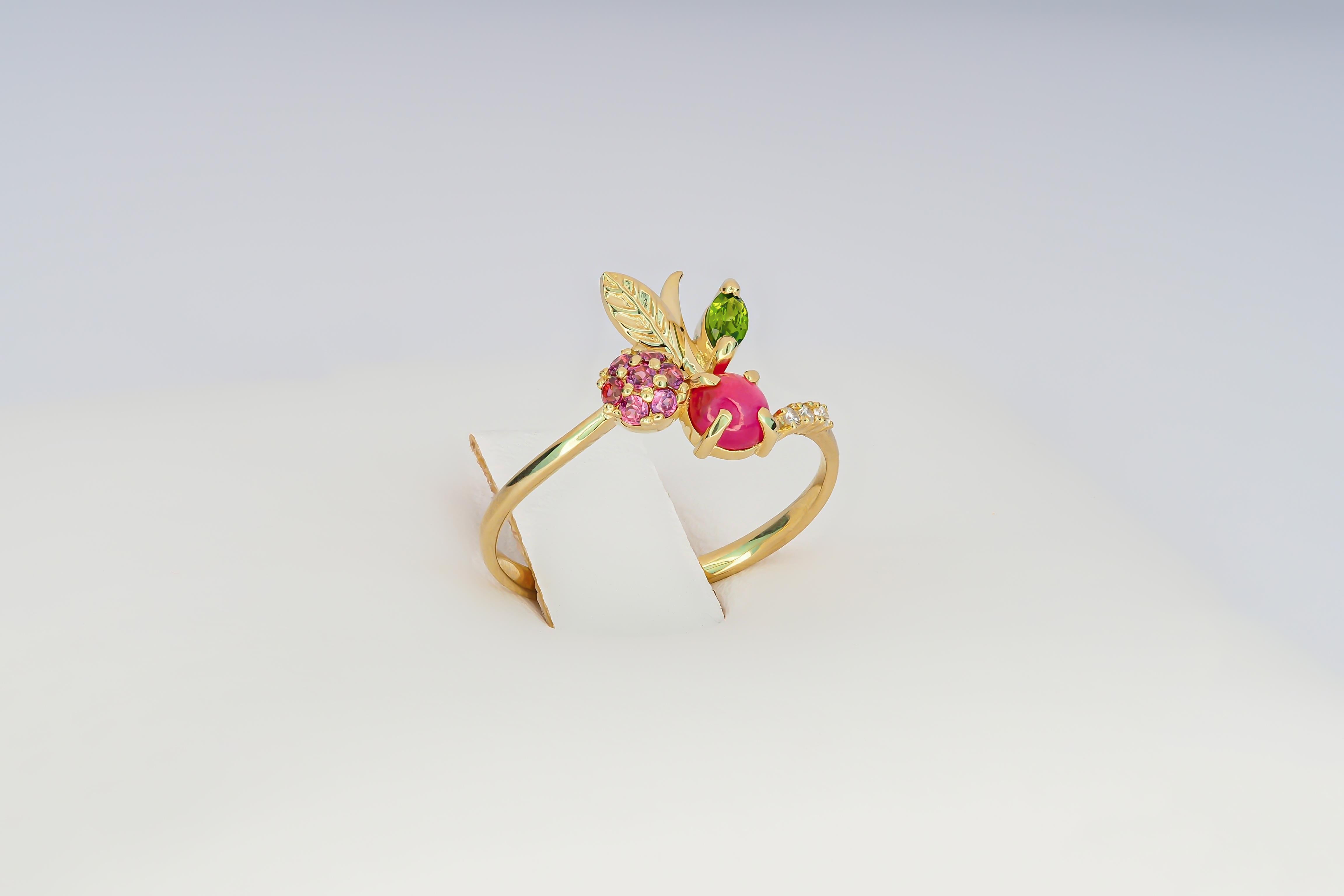 For Sale:  14k Gold Ring with Ruby, Rose Sapphires, Tourmaline and Diamonds Cherry Ring 4