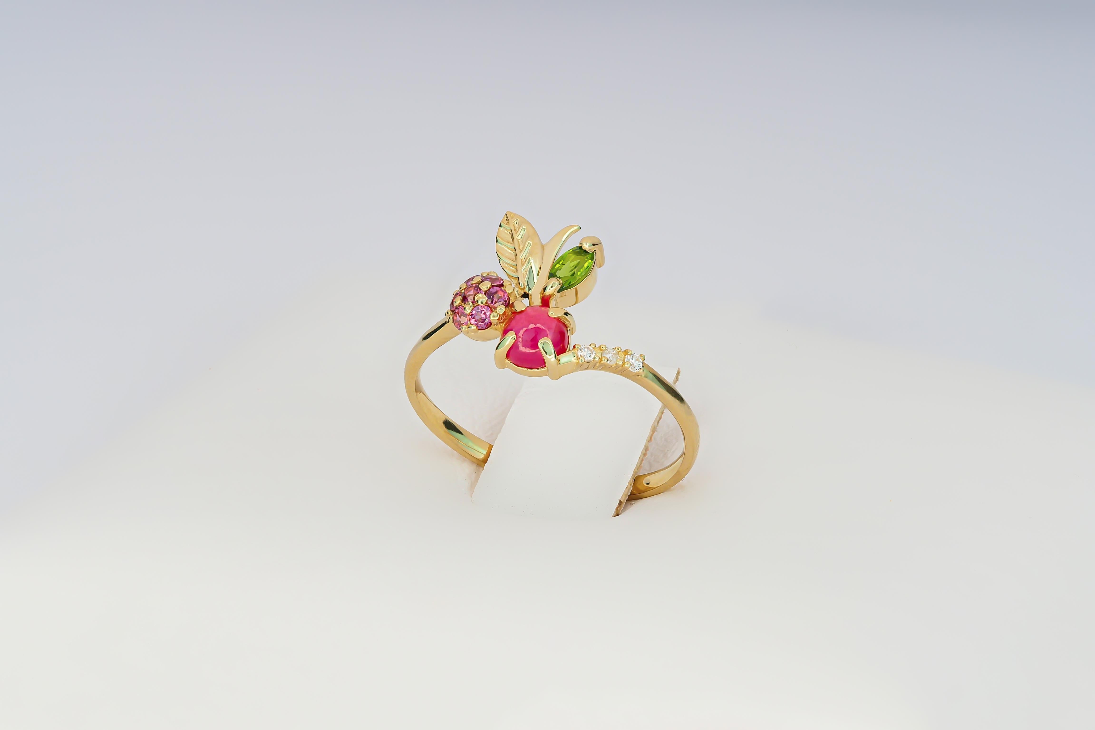 For Sale:  14k Gold Ring with Ruby, Rose Sapphires, Tourmaline and Diamonds Cherry Ring 5
