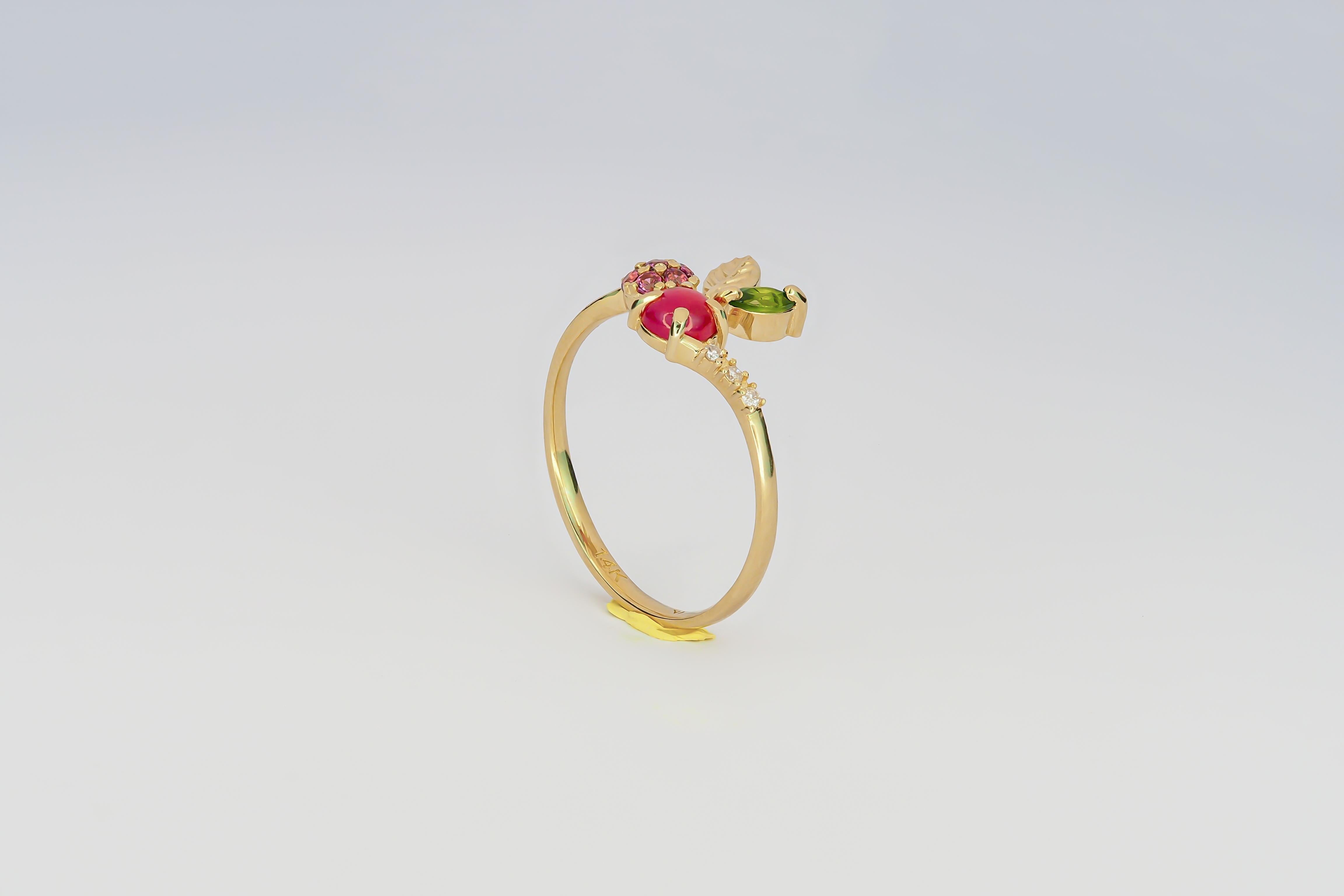 For Sale:  14k Gold Ring with Ruby, Rose Sapphires, Tourmaline and Diamonds Cherry Ring 6