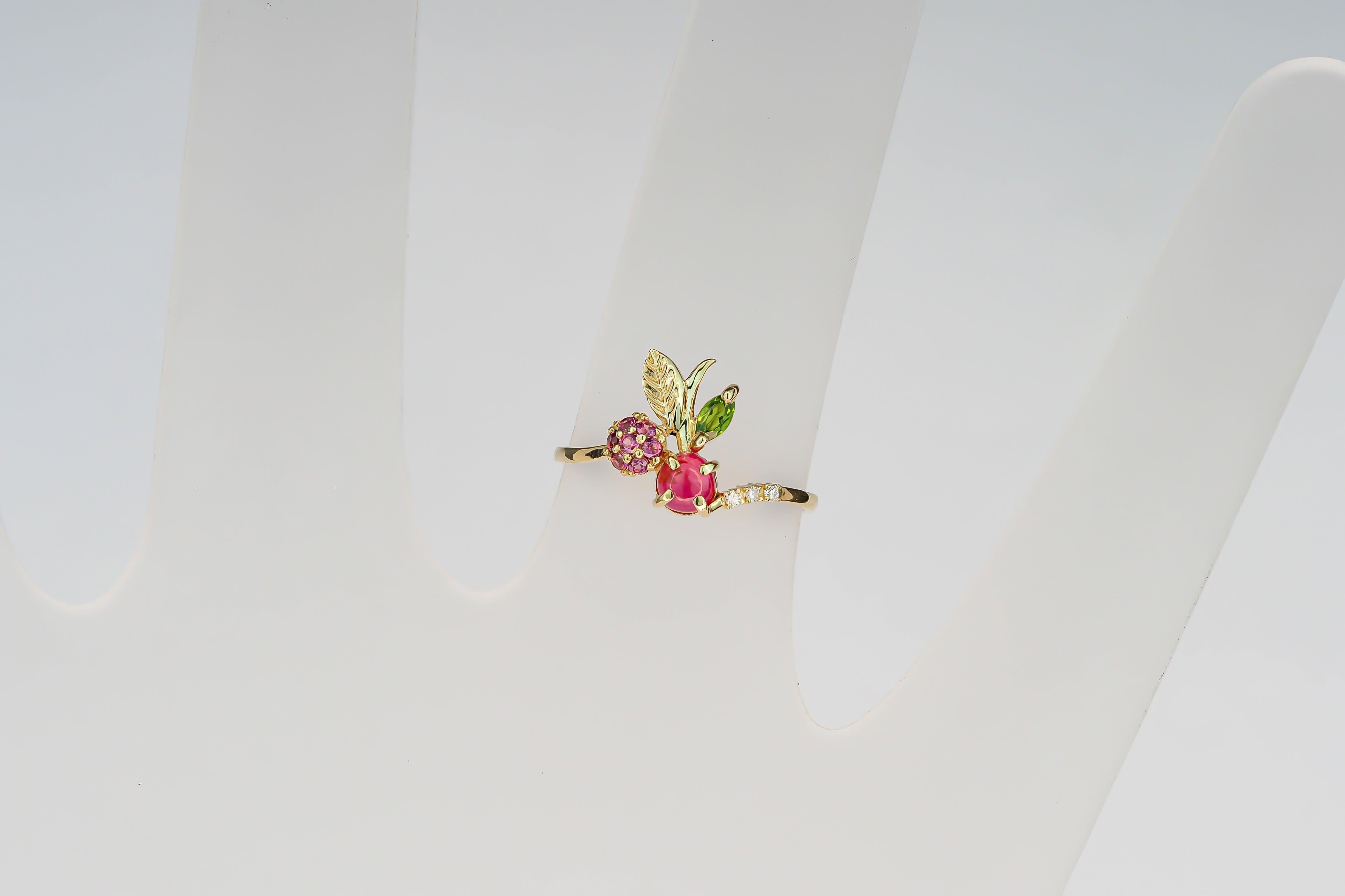 For Sale:  14k Gold Ring with Ruby, Rose Sapphires, Tourmaline and Diamonds Cherry Ring 7