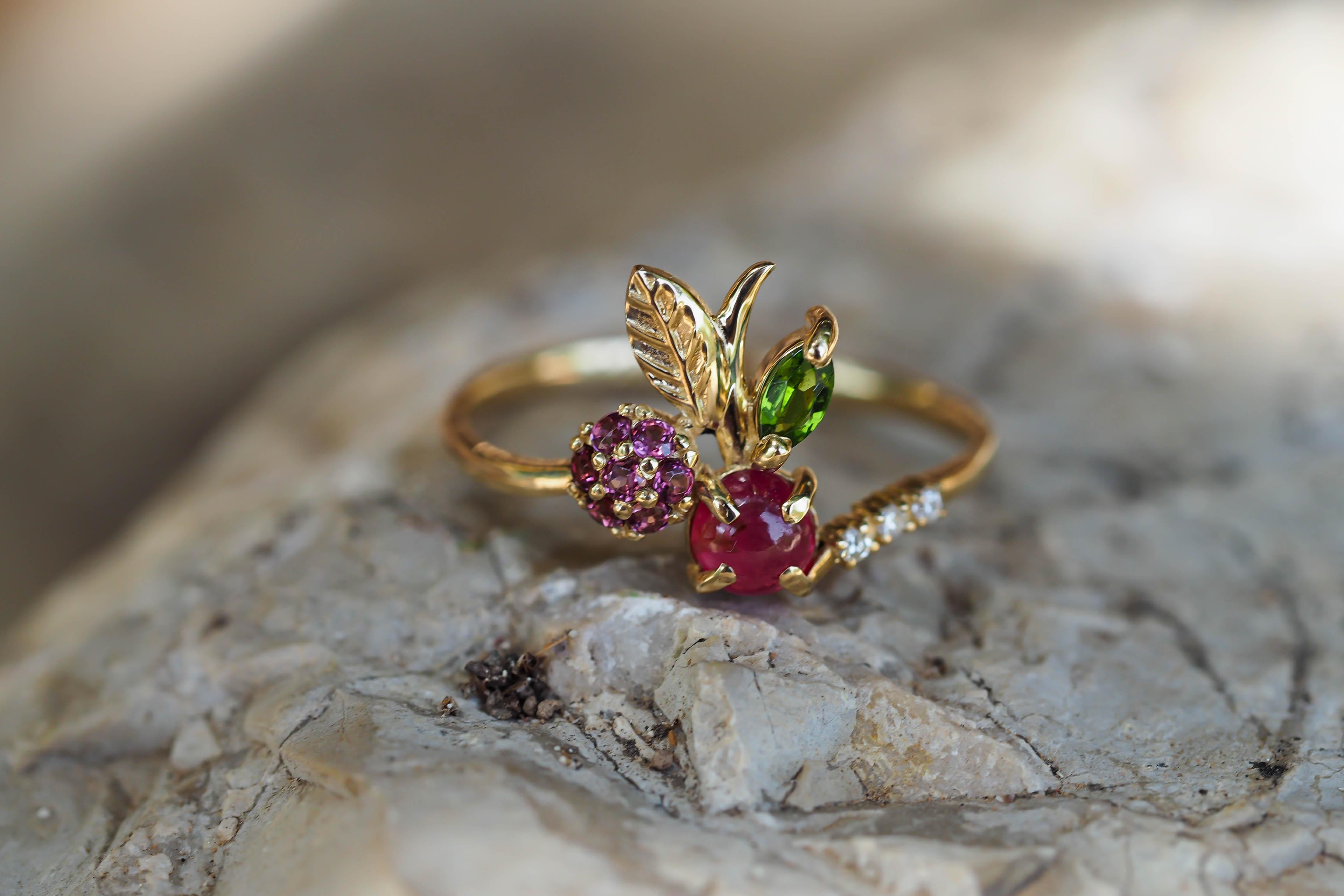 For Sale:  14k Gold Ring with Ruby, Rose Sapphires, Tourmaline and Diamonds Cherry Ring 8