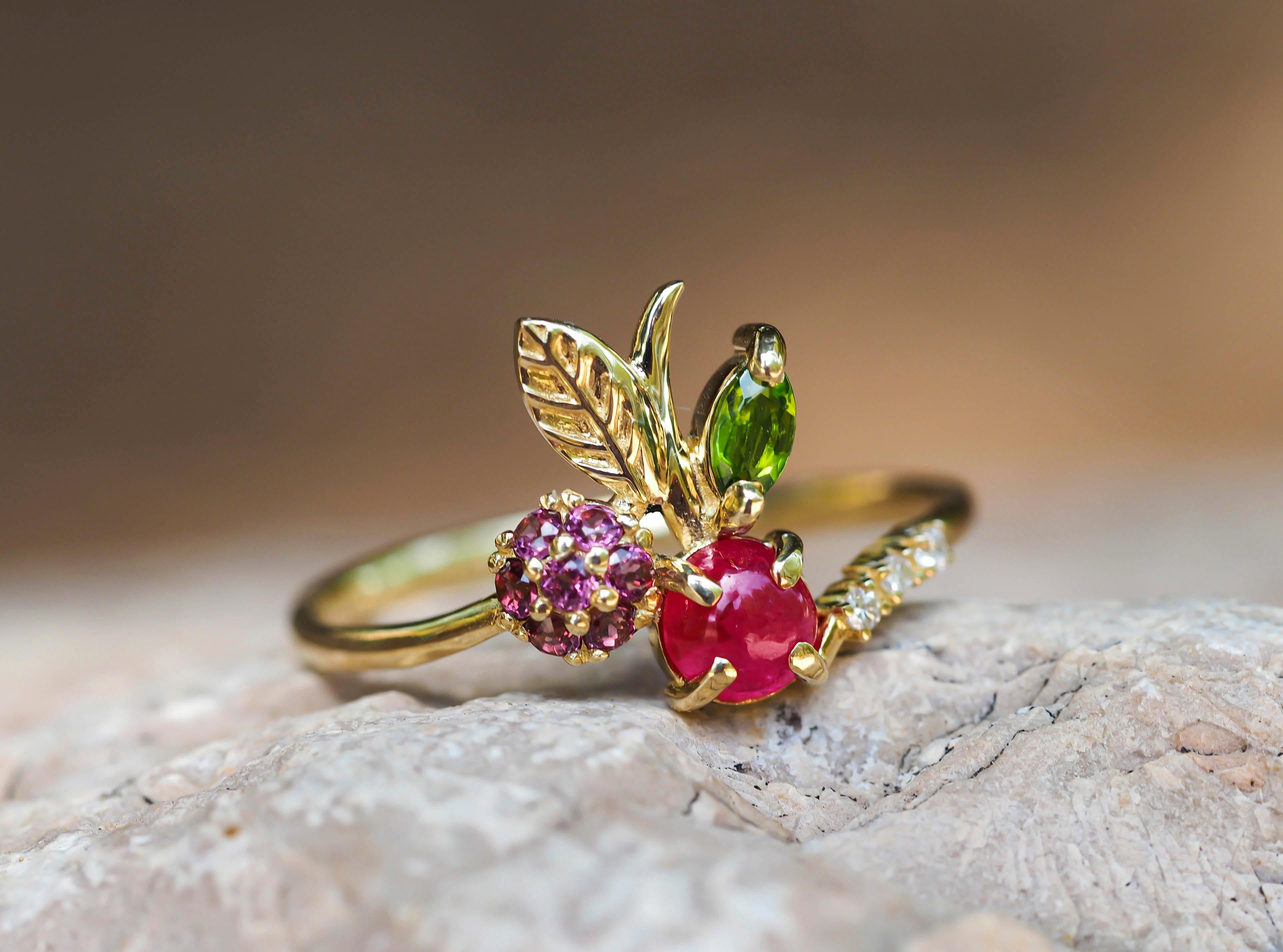For Sale:  14k Gold Ring with Ruby, Rose Sapphires, Tourmaline and Diamonds Cherry Ring 9