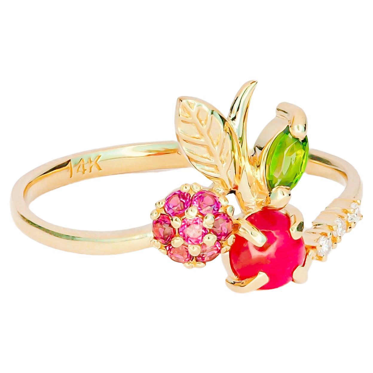 Bague en or 14k avec rubis, saphirs roses, tourmaline et diamants en forme de cerisier