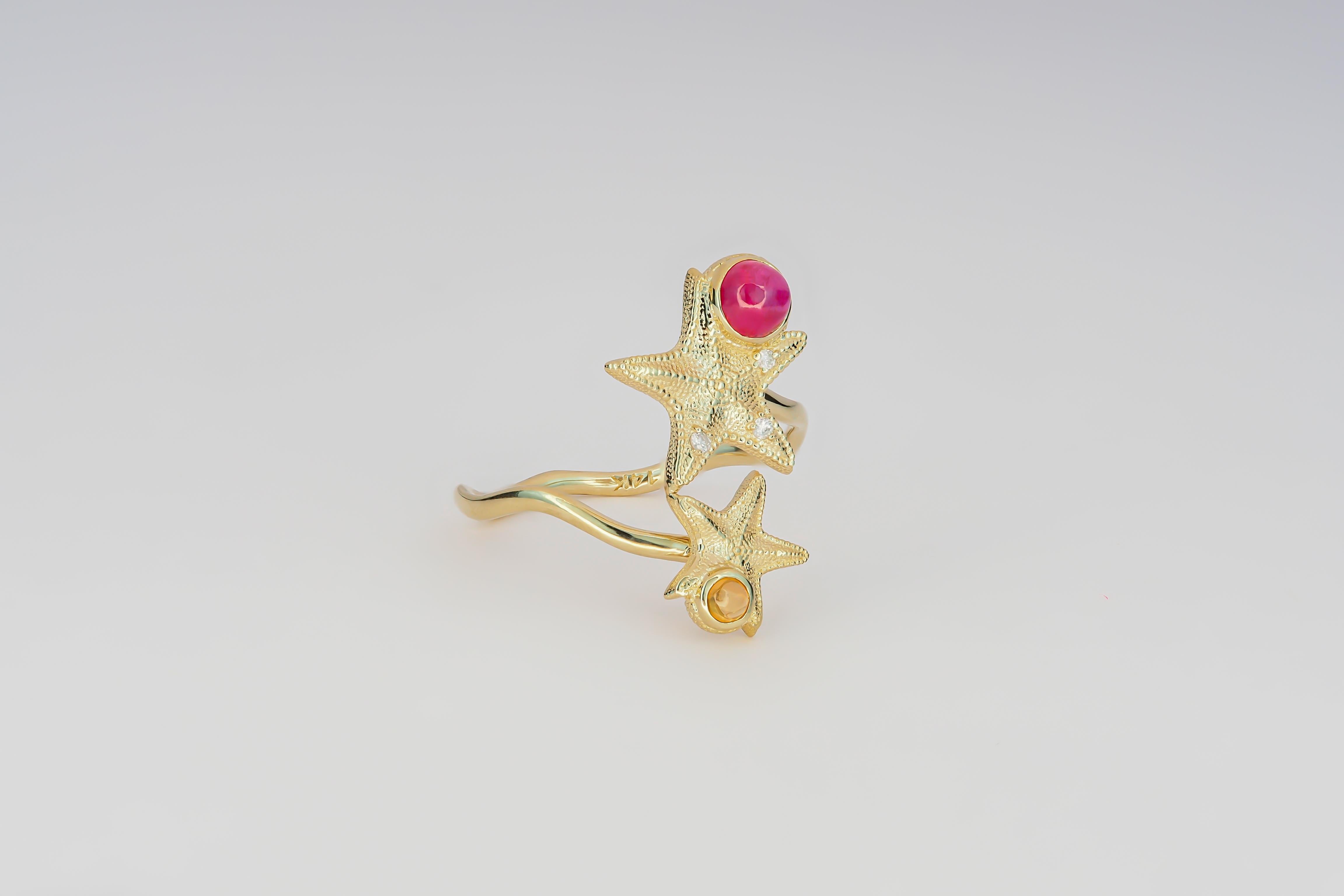 For Sale:   Ruby and Sapphire cabochon ring in 14 karat gold.  Star Fish Ring! 2