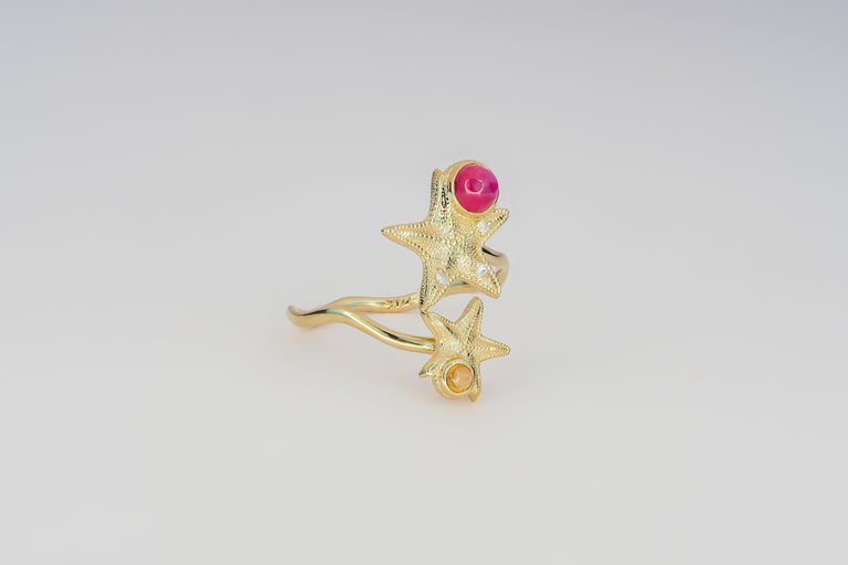 For Sale:   Ruby and Sapphire cabochon ring in 14 karat gold.  Star Fish Ring 2