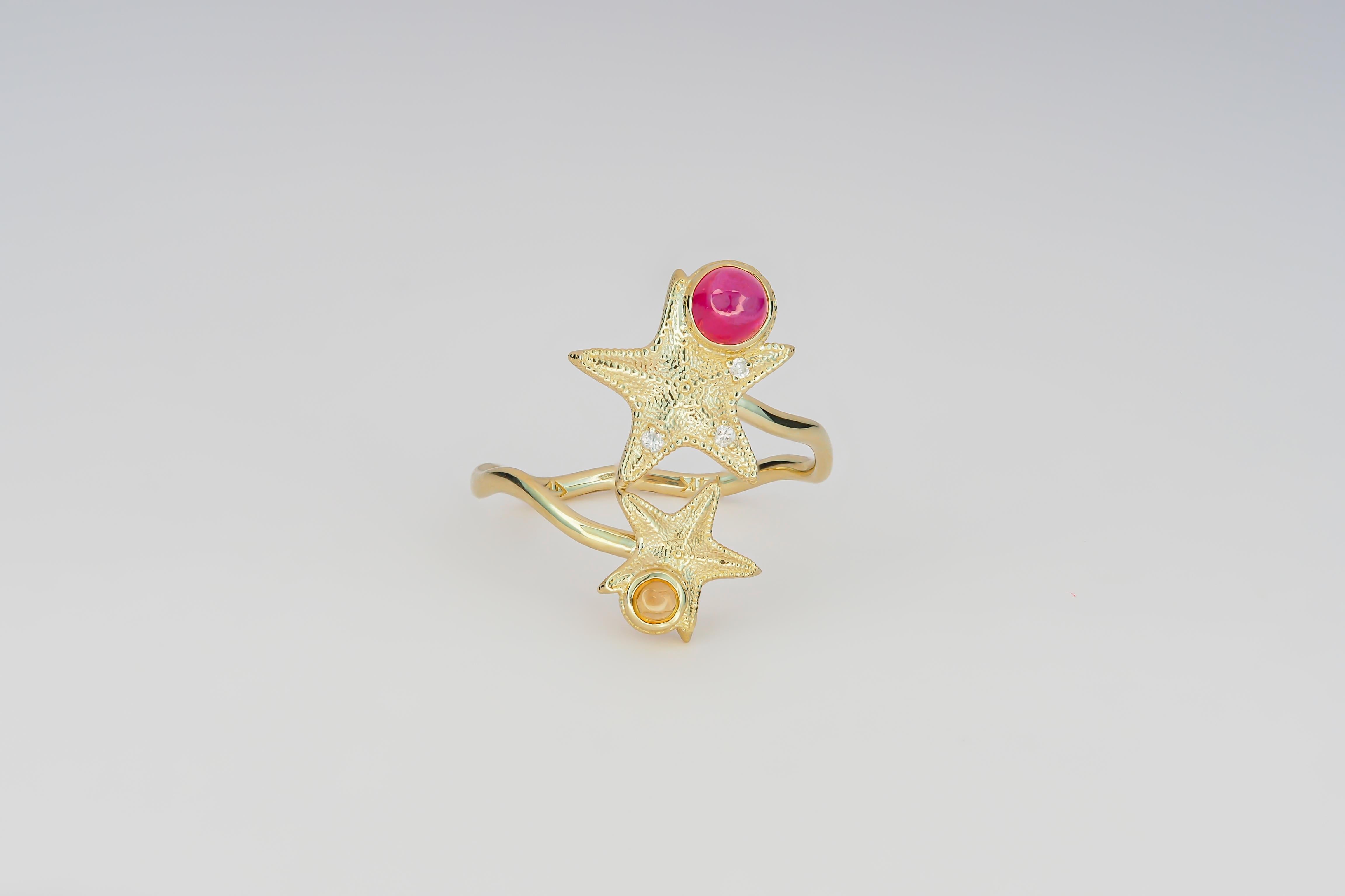 For Sale:   Ruby and Sapphire cabochon ring in 14 karat gold.  Star Fish Ring! 3
