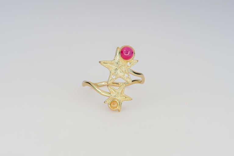 For Sale:   Ruby and Sapphire cabochon ring in 14 karat gold.  Star Fish Ring 3