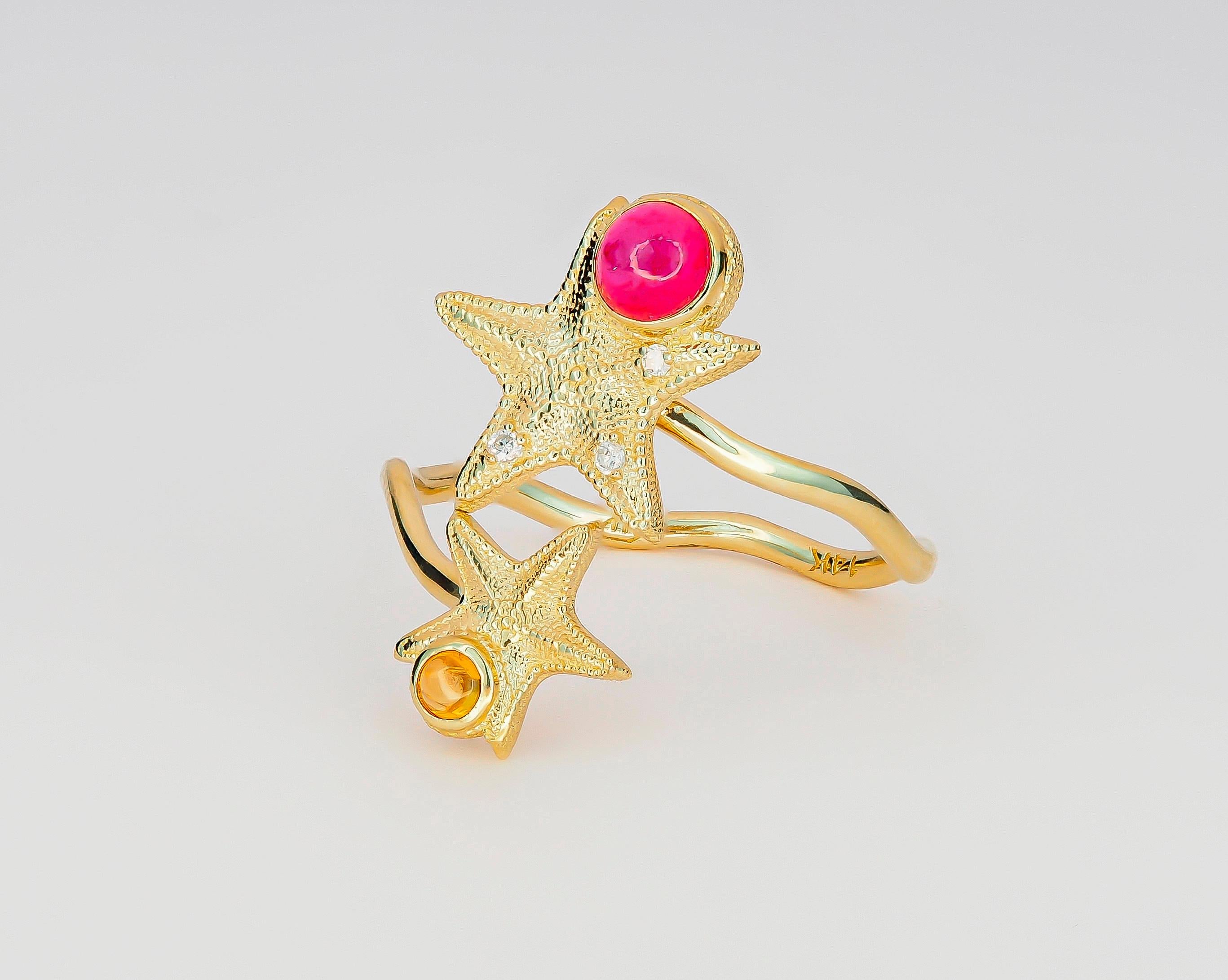 For Sale:   Ruby and Sapphire cabochon ring in 14 karat gold.  Star Fish Ring! 4
