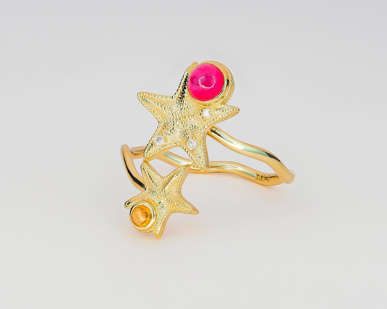 For Sale:   Ruby and Sapphire cabochon ring in 14 karat gold.  Star Fish Ring 4