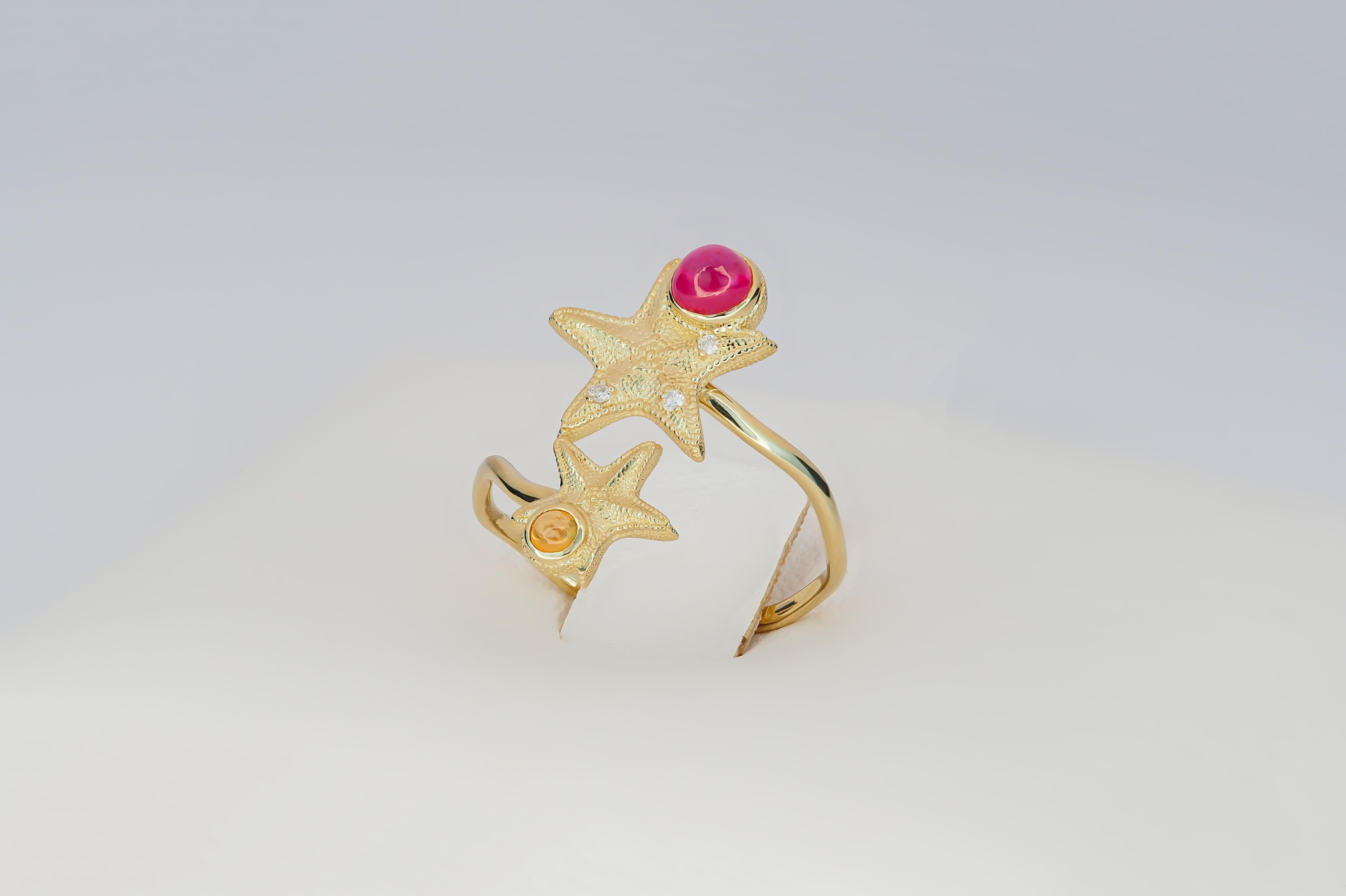 For Sale:   Ruby and Sapphire cabochon ring in 14 karat gold.  Star Fish Ring! 5