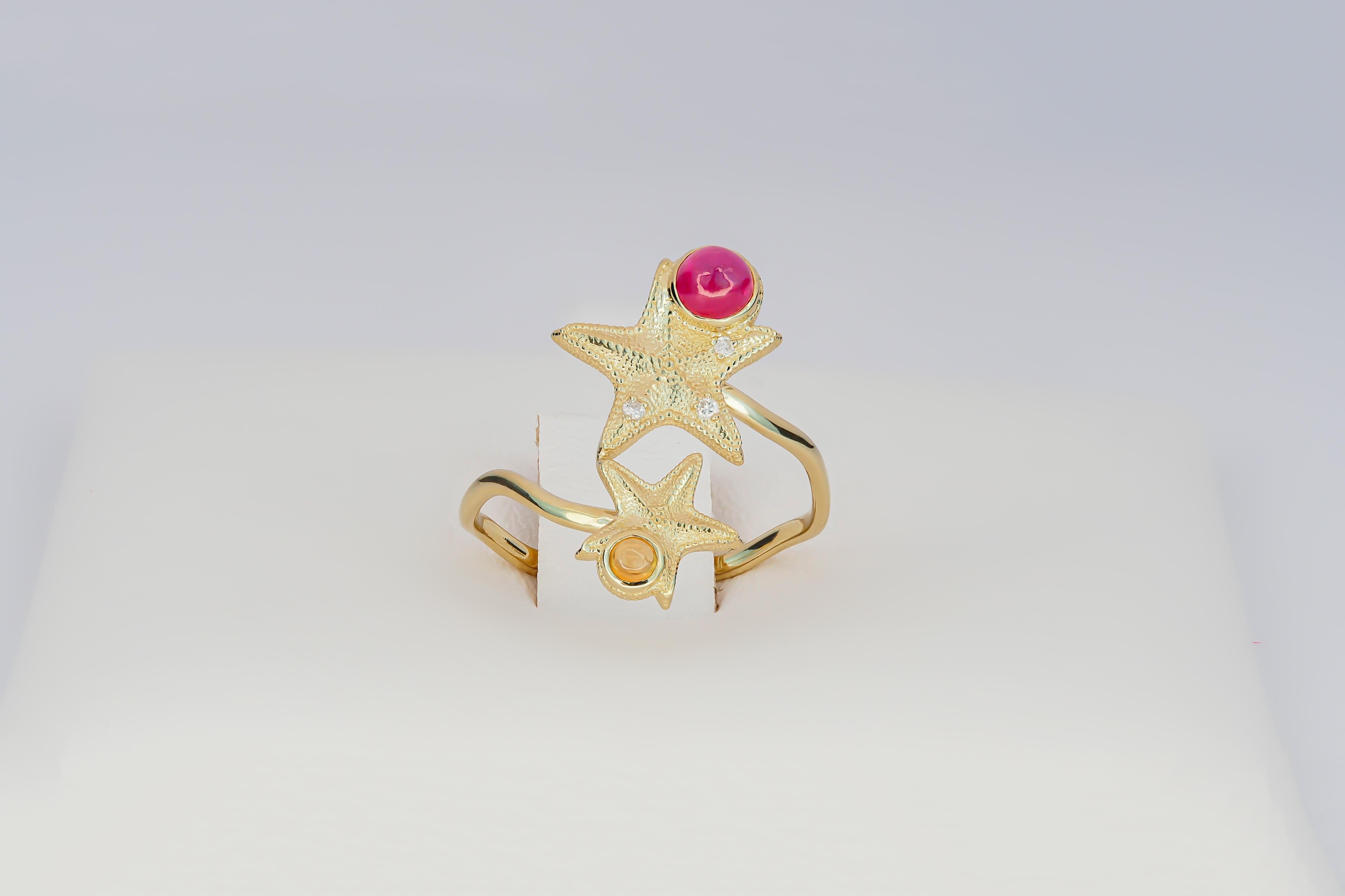 For Sale:  Ruby and Sapphire cabochon Star Fish Ring 14k gold ring 6