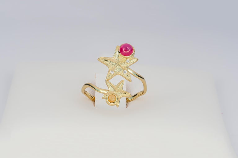 For Sale:   Ruby and Sapphire cabochon ring in 14 karat gold.  Star Fish Ring 6