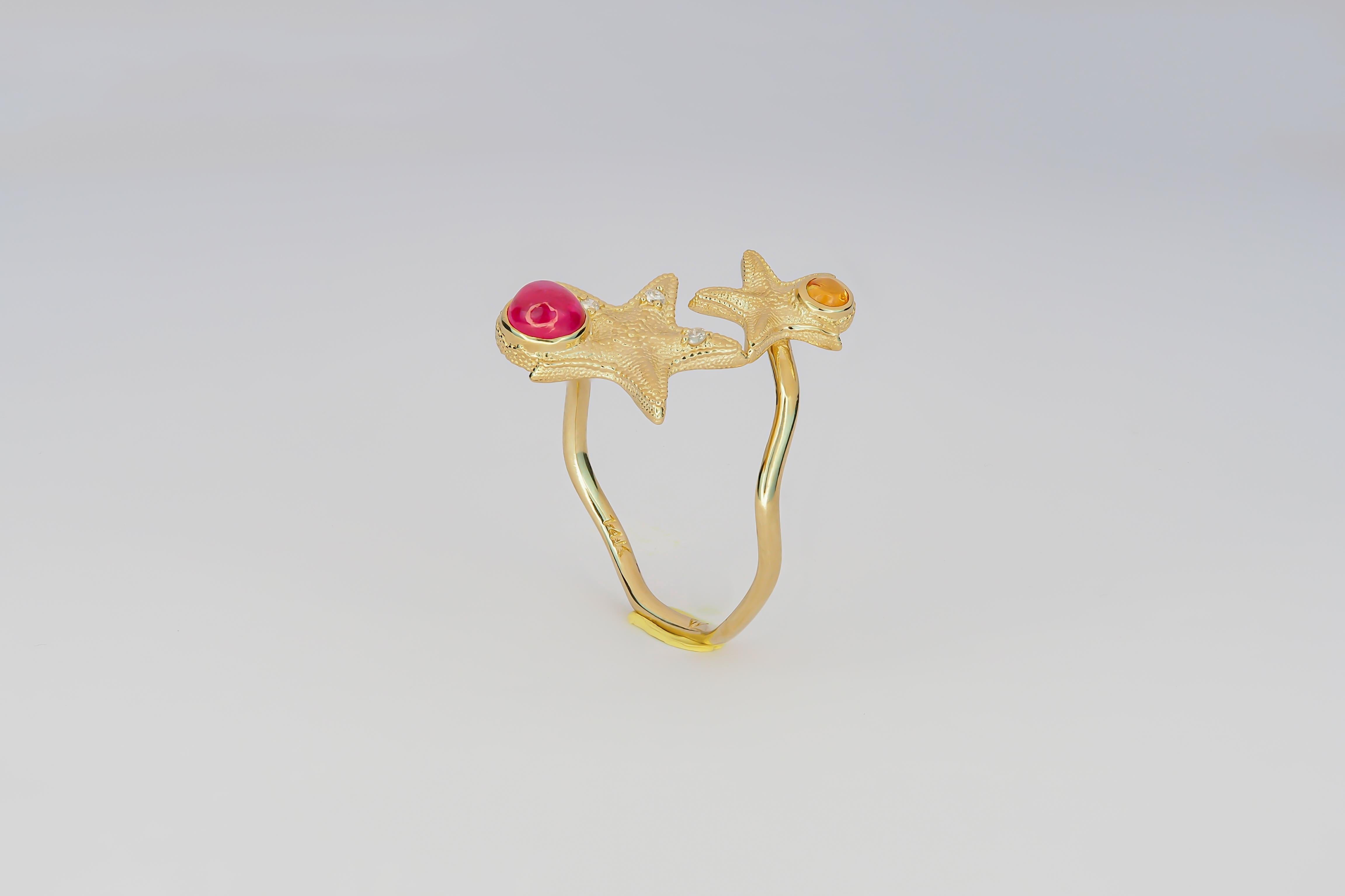 For Sale:   Ruby and Sapphire cabochon ring in 14 karat gold.  Star Fish Ring! 7