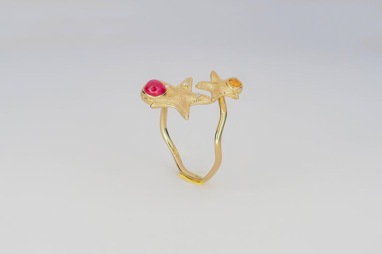 For Sale:   Ruby and Sapphire cabochon ring in 14 karat gold.  Star Fish Ring 7