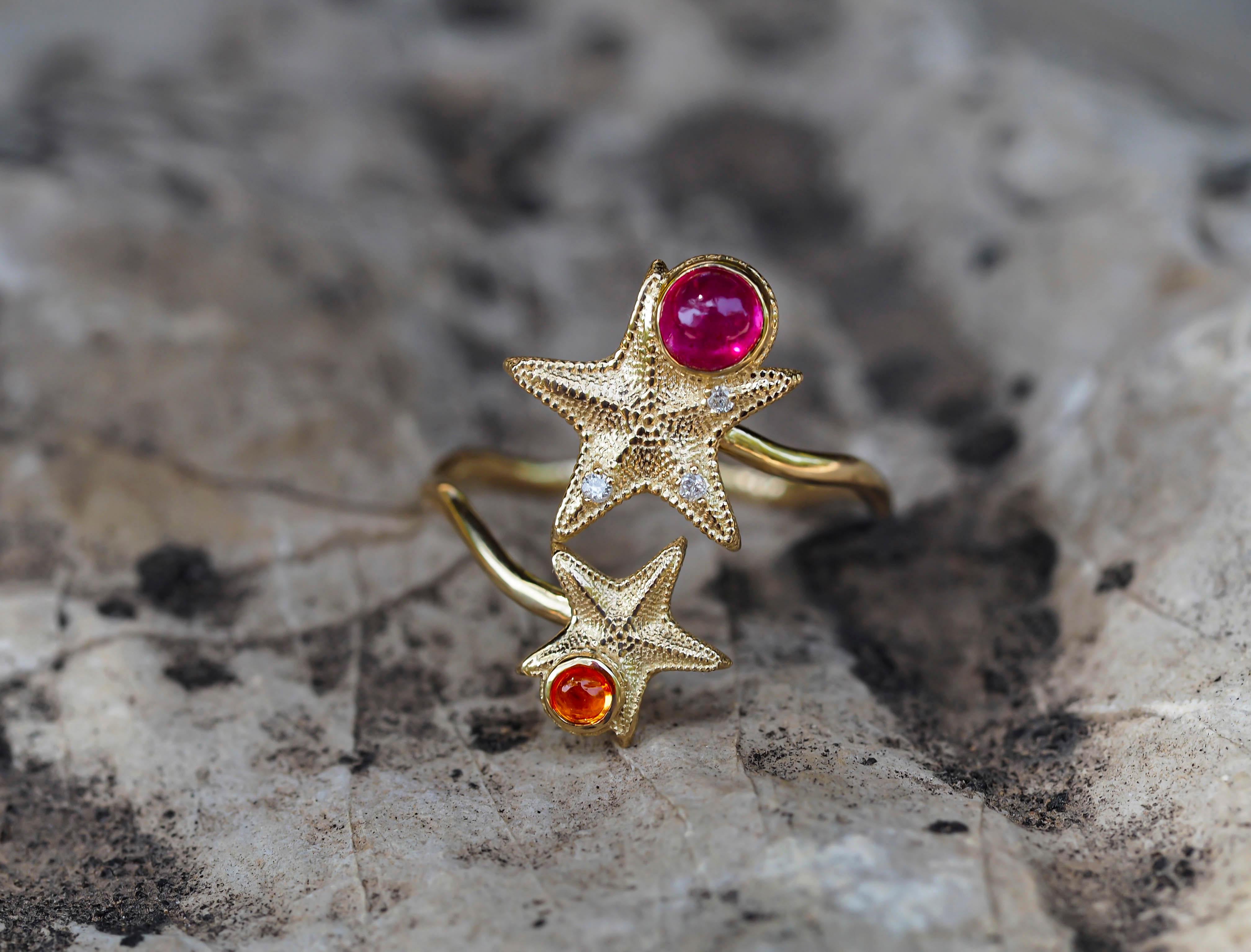 For Sale:   Ruby and Sapphire cabochon ring in 14 karat gold.  Star Fish Ring! 8