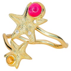 14k Gold Ring with Ruby, Sapphire and Diamonds, Star Fish Ring