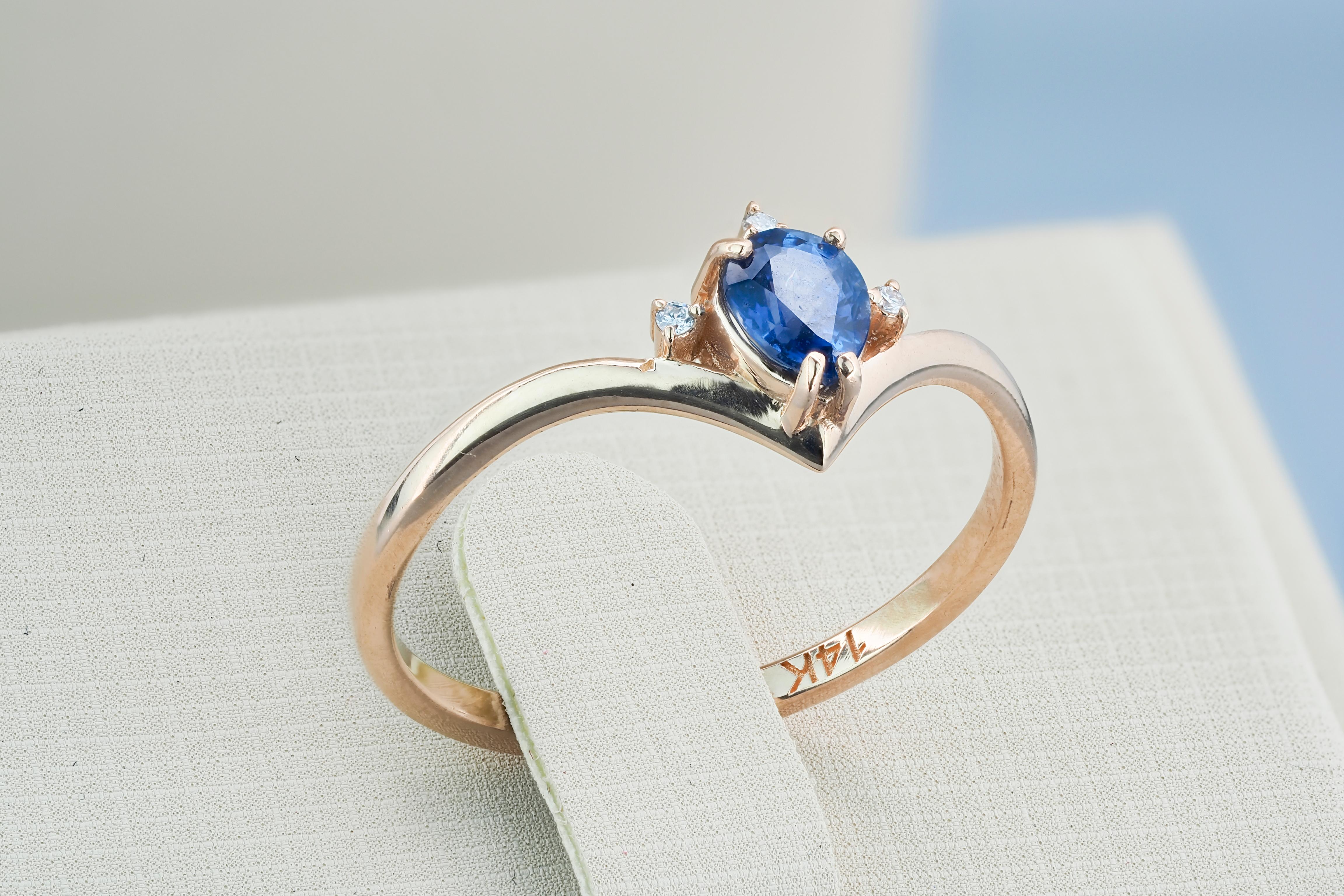 For Sale:  14k Gold Ring with Sapphire and Diamond 6