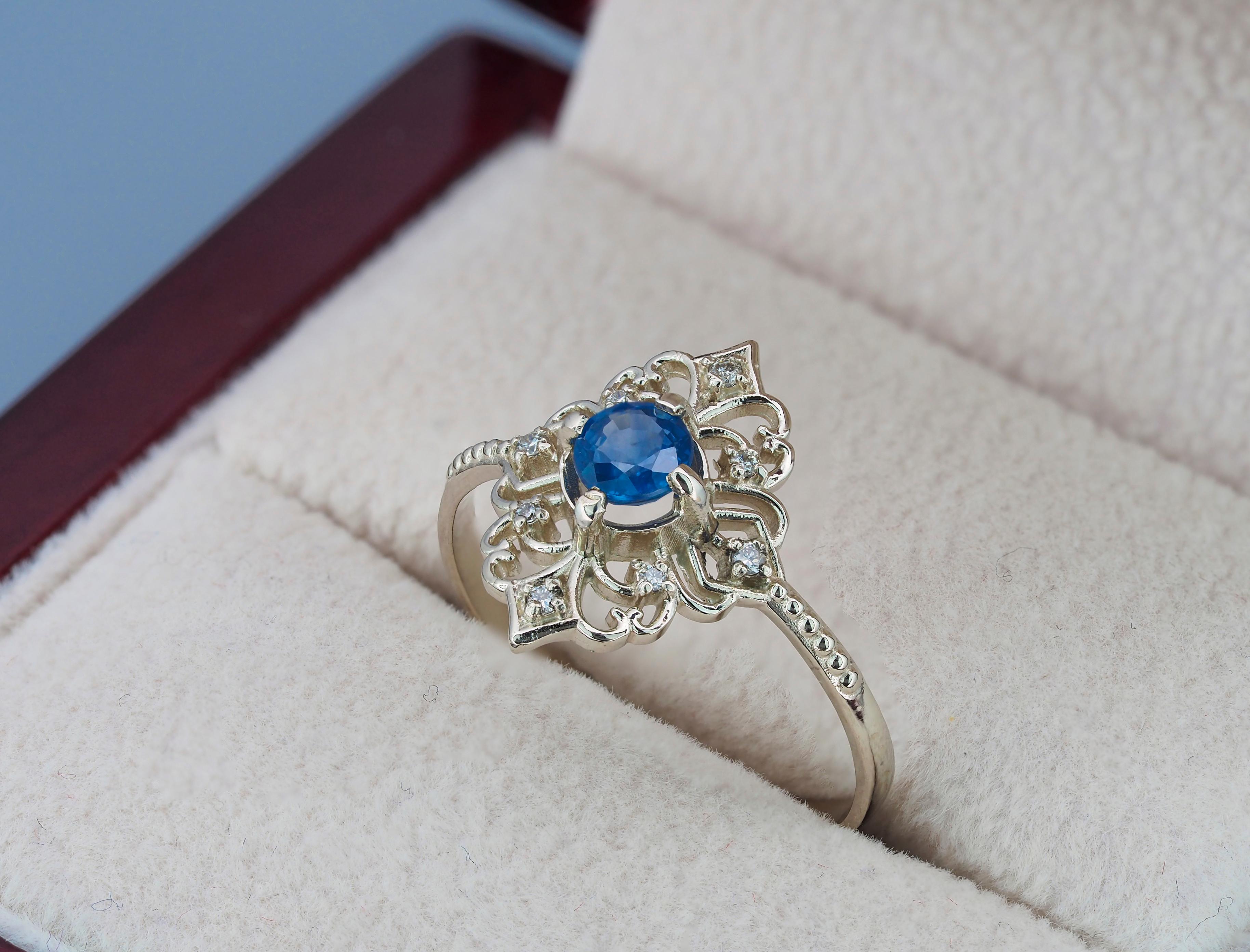 For Sale:  Vintage style 14k gold ring with blue sapphire and diamonds 9