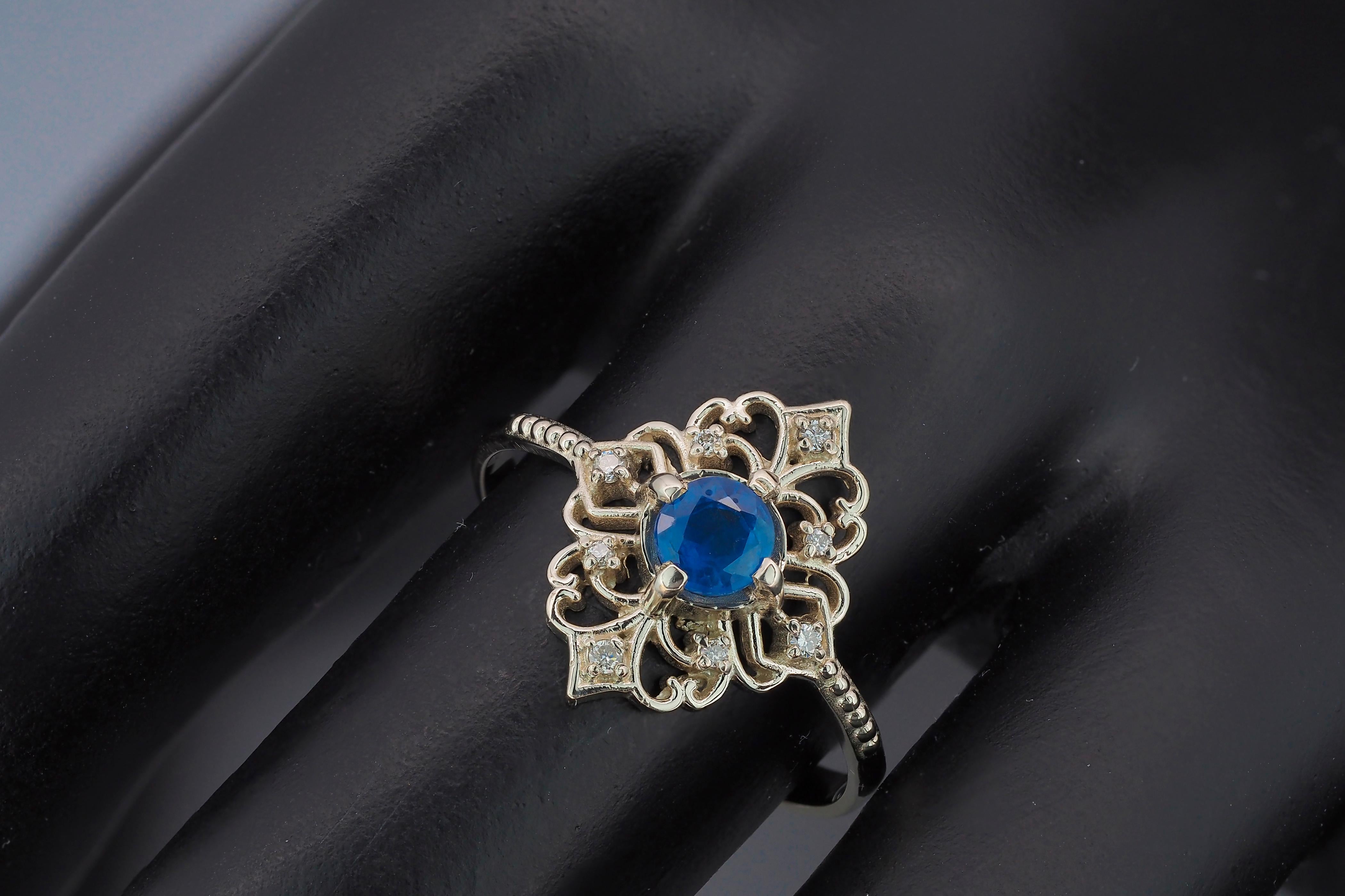 For Sale:  Vintage style 14k gold ring with blue sapphire and diamonds 10