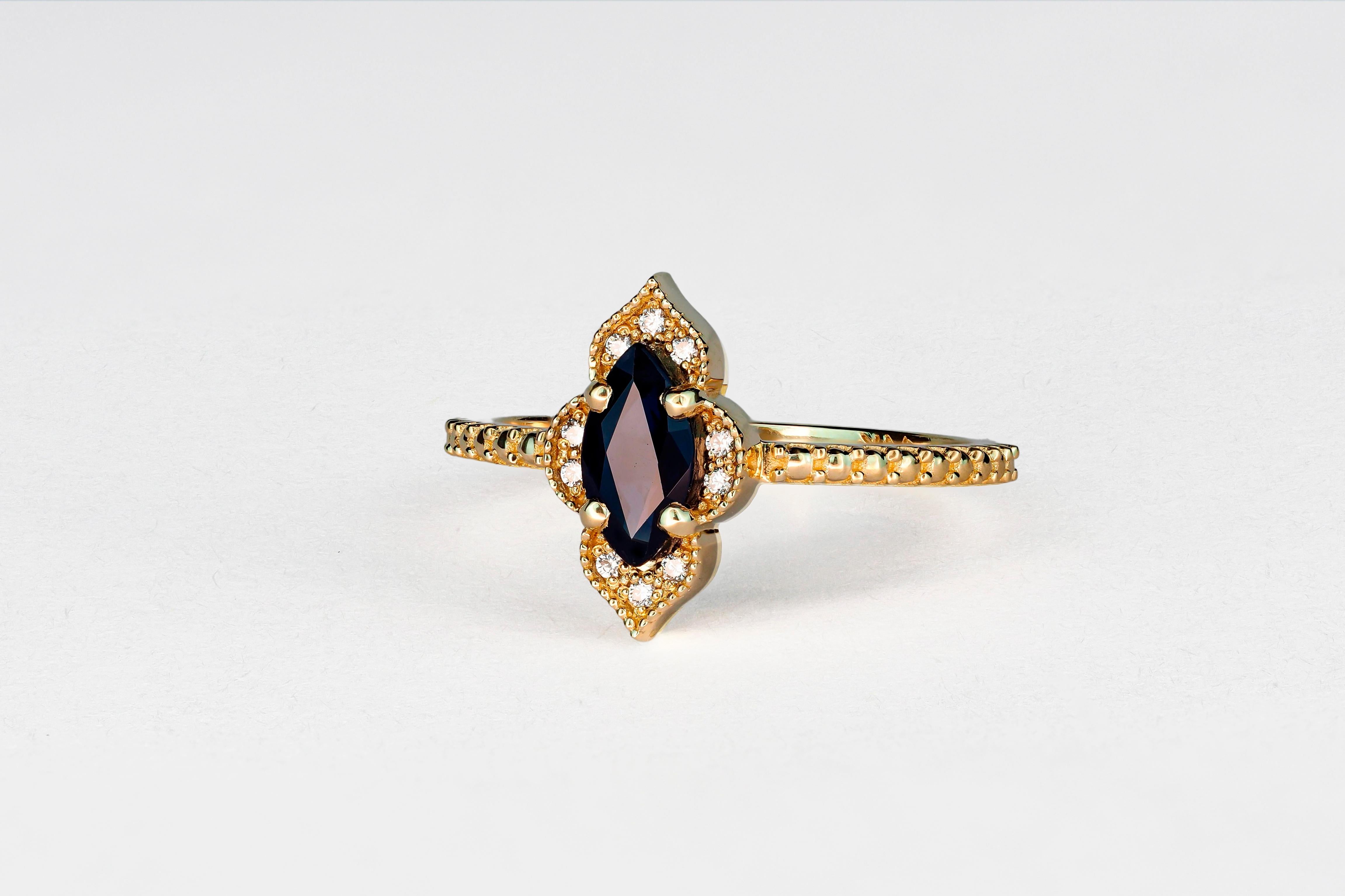 For Sale:  14k Gold Ring with Sapphire and Diamonds 2