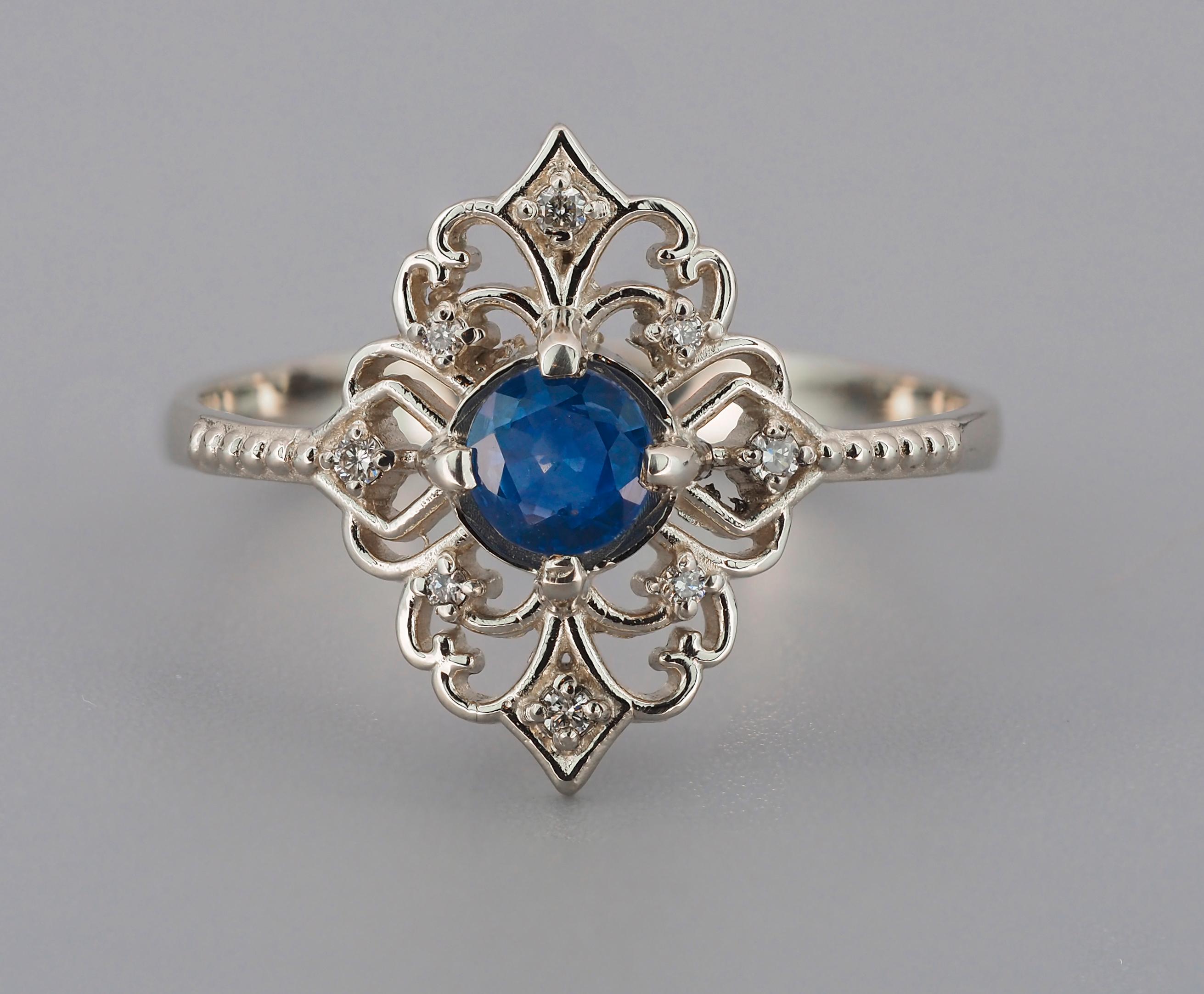 For Sale:  14k Gold Ring with Sapphire and Diamonds 8