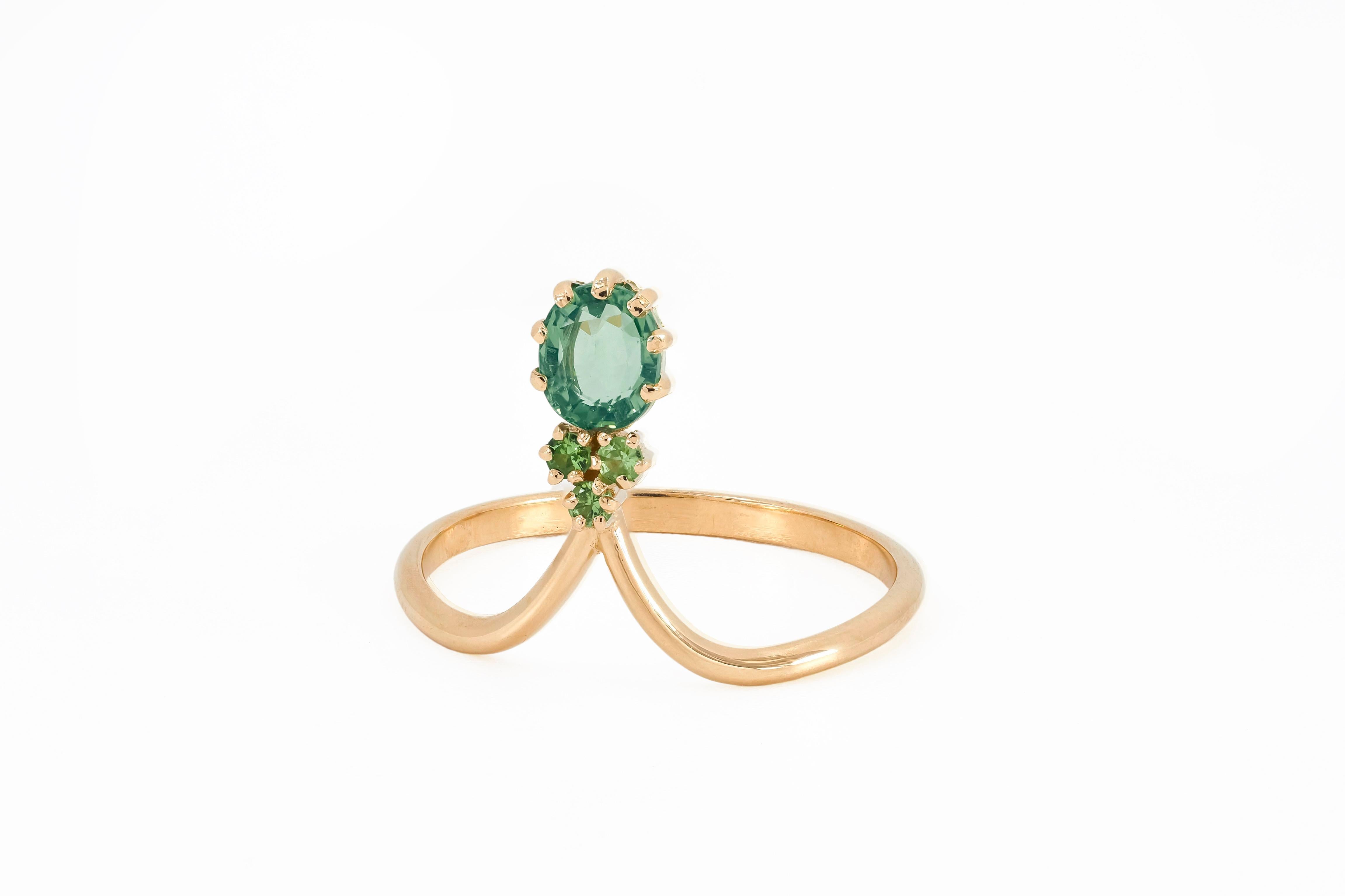 Modern 14k Gold Ring with Sapphire and Tsavorites For Sale