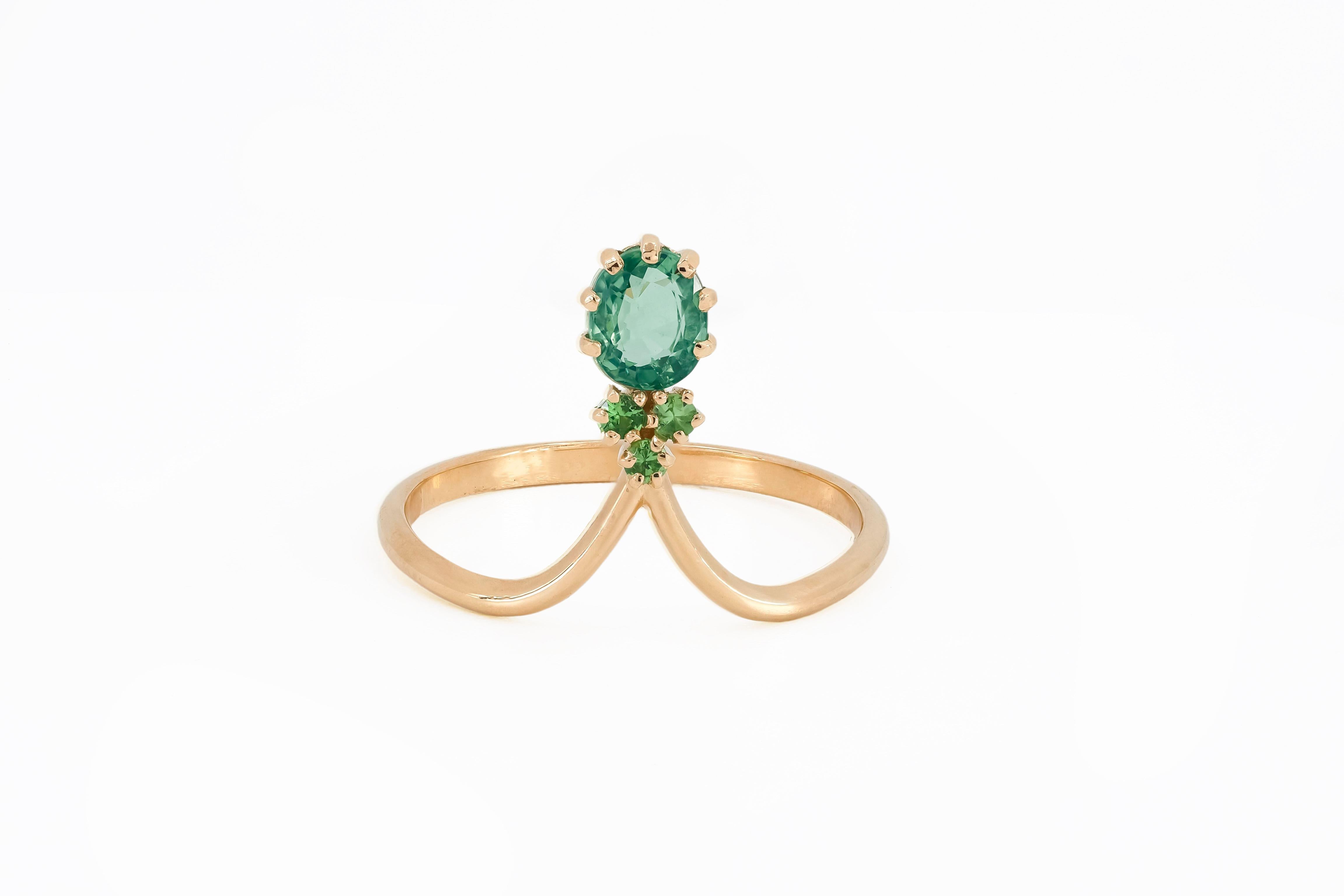 Oval Cut 14k Gold Ring with Sapphire and Tsavorites