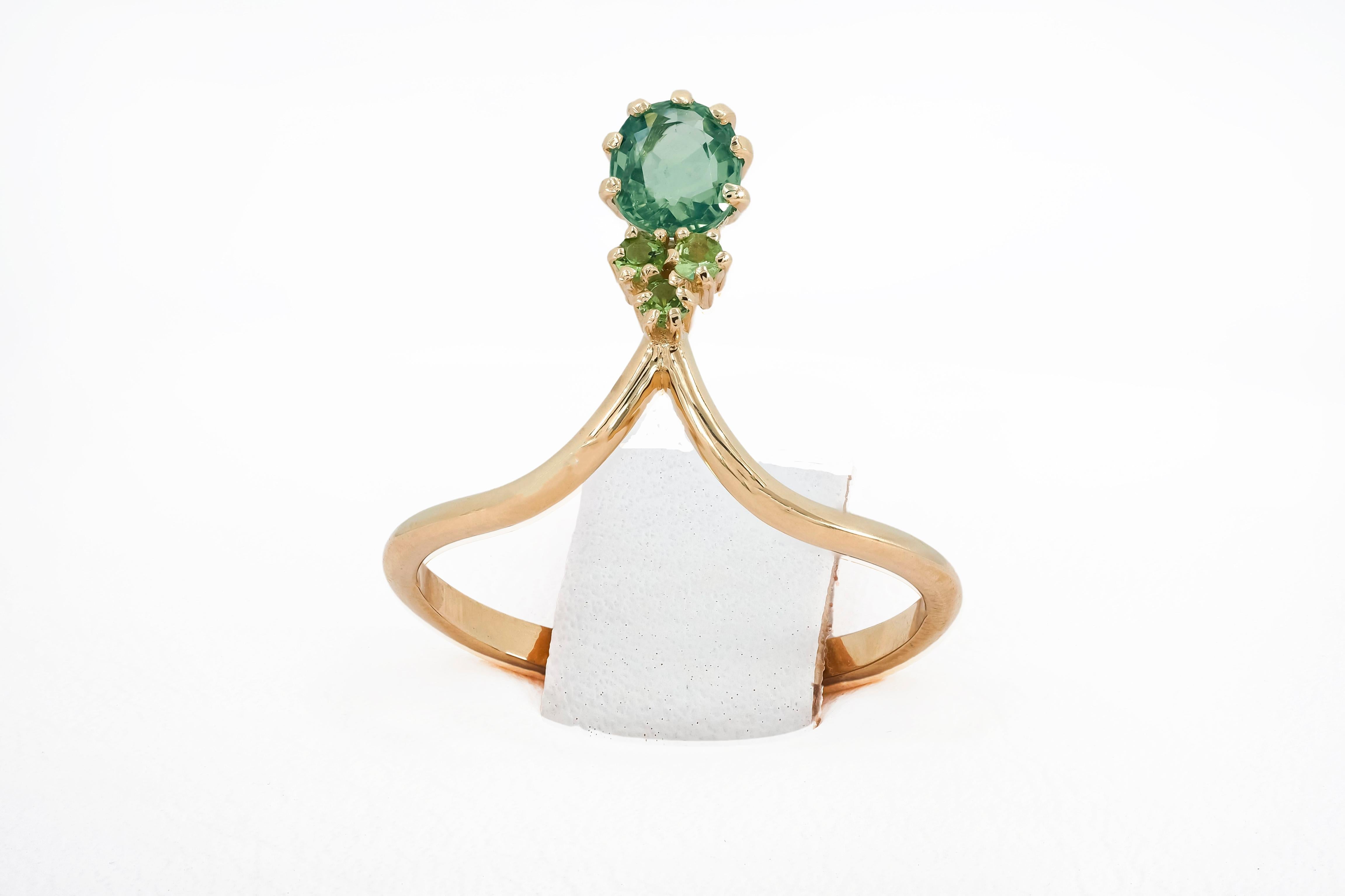 For Sale:  14 Karat Gold Ring with Sapphire and Tsavorites 5