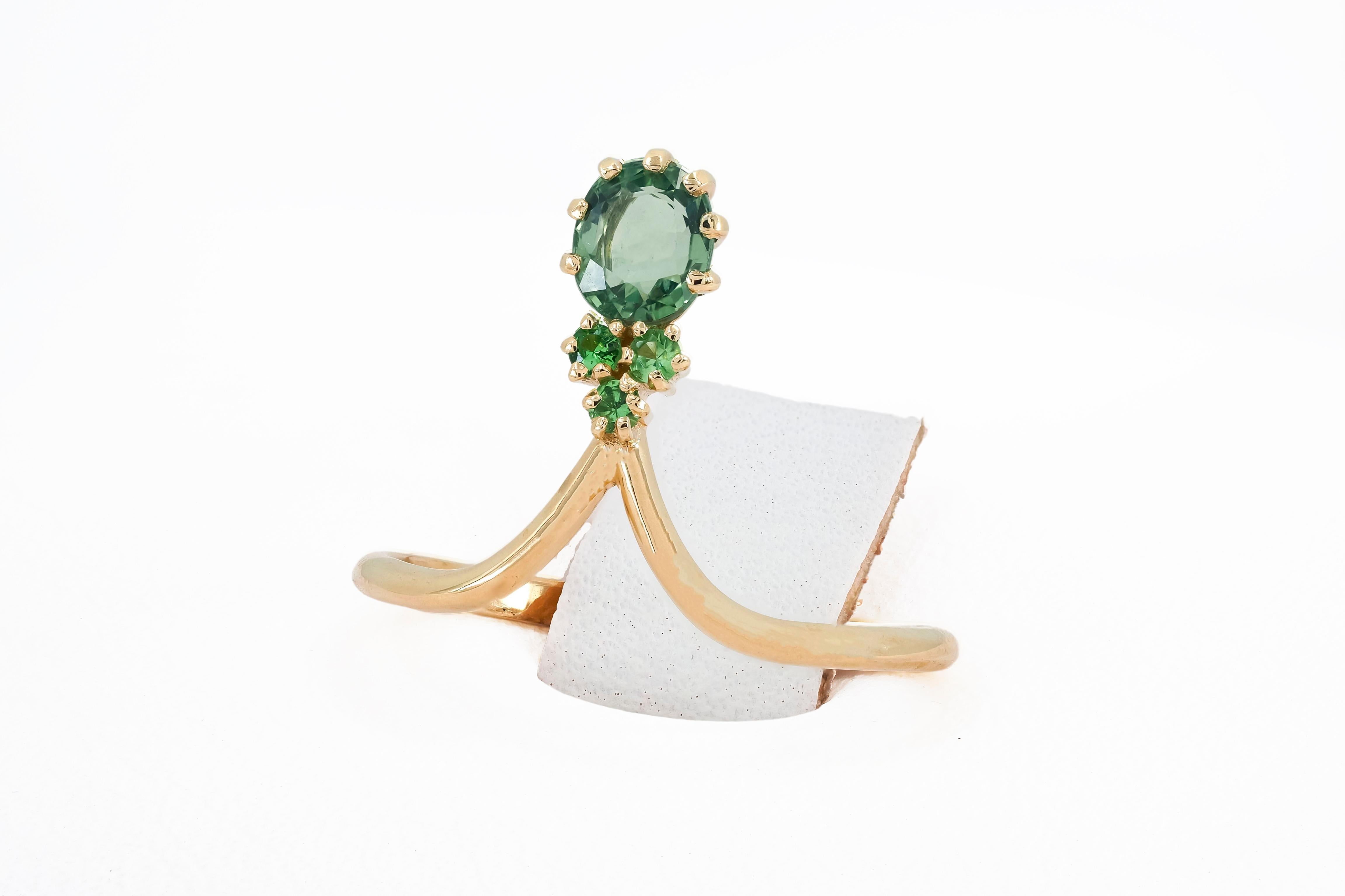 For Sale:  14 Karat Gold Ring with Sapphire and Tsavorites 6