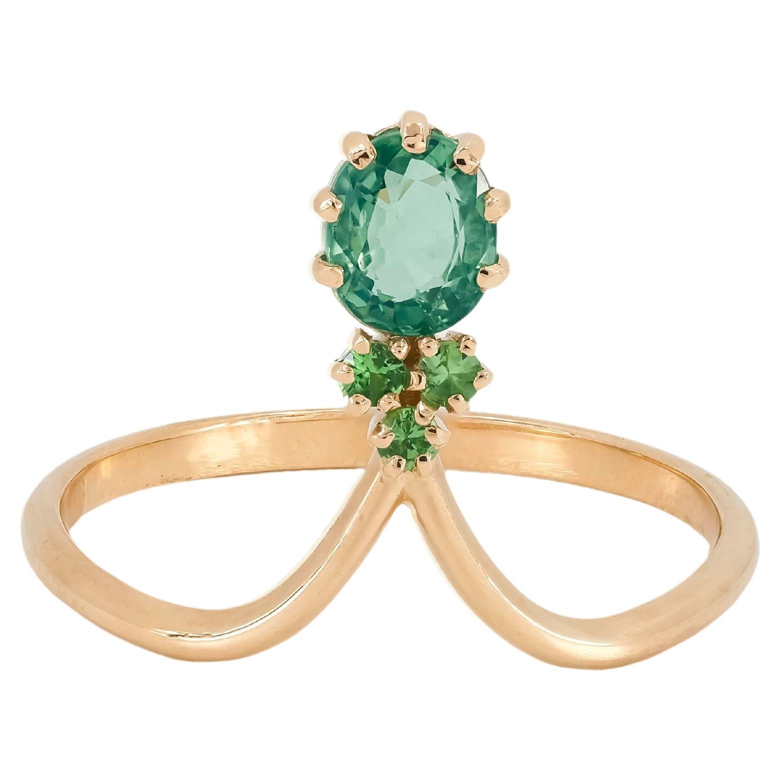 14k Gold Ring with Sapphire and Tsavorites For Sale