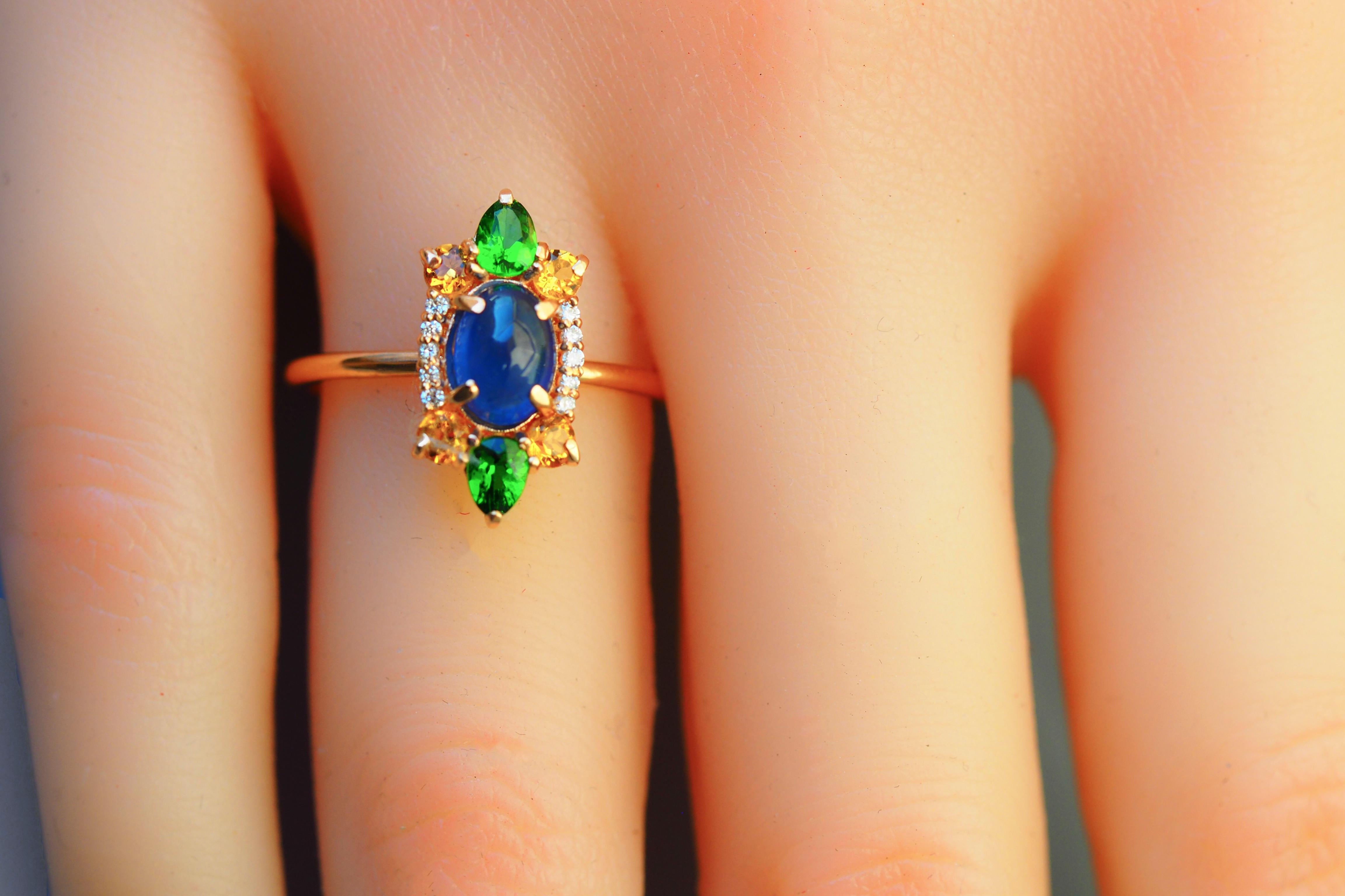 For Sale:  14k Gold Ring with Sapphire, Chrome Diopside and Diamonds 11