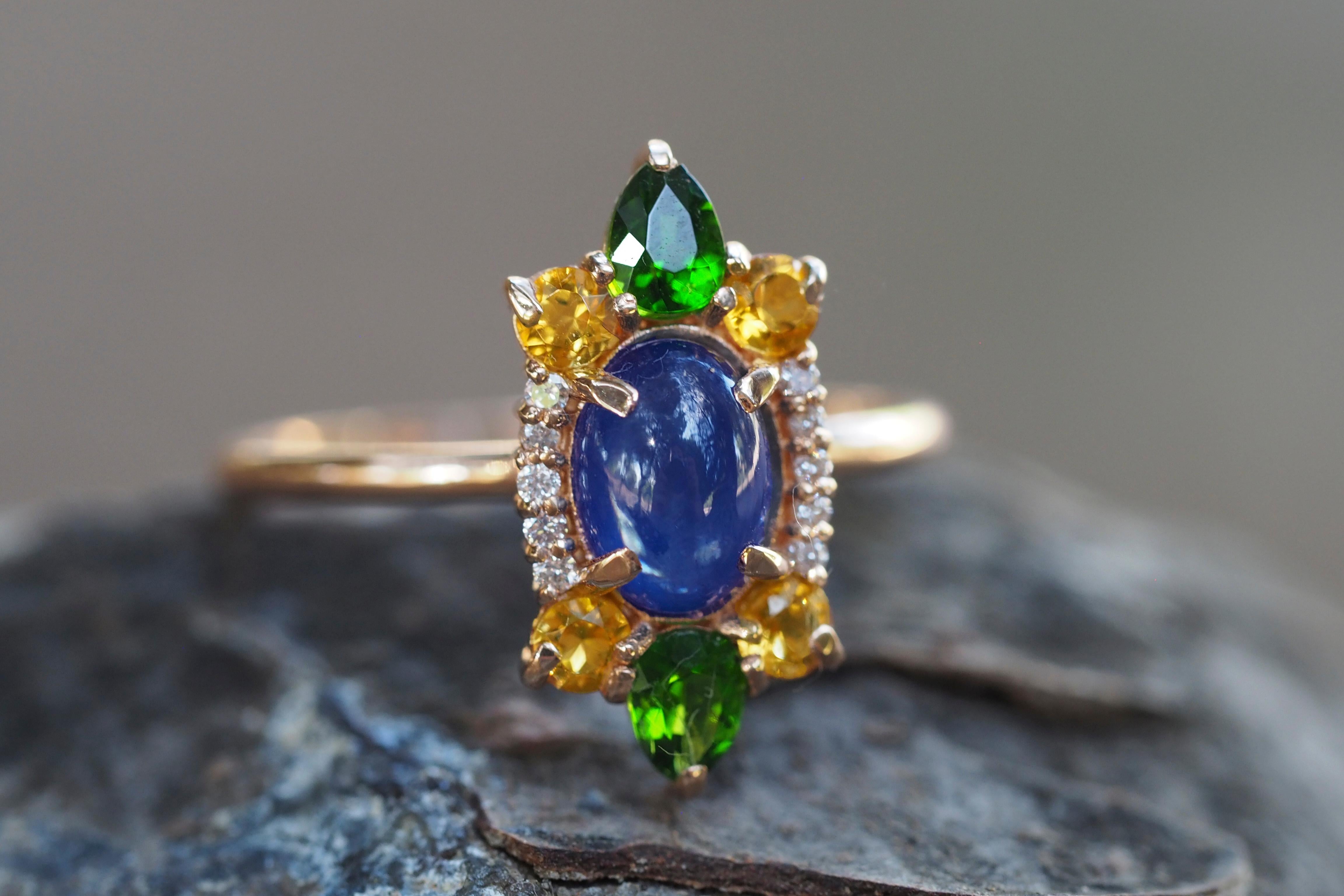For Sale:  14k Gold Ring with Sapphire, Chrome Diopside and Diamonds 12