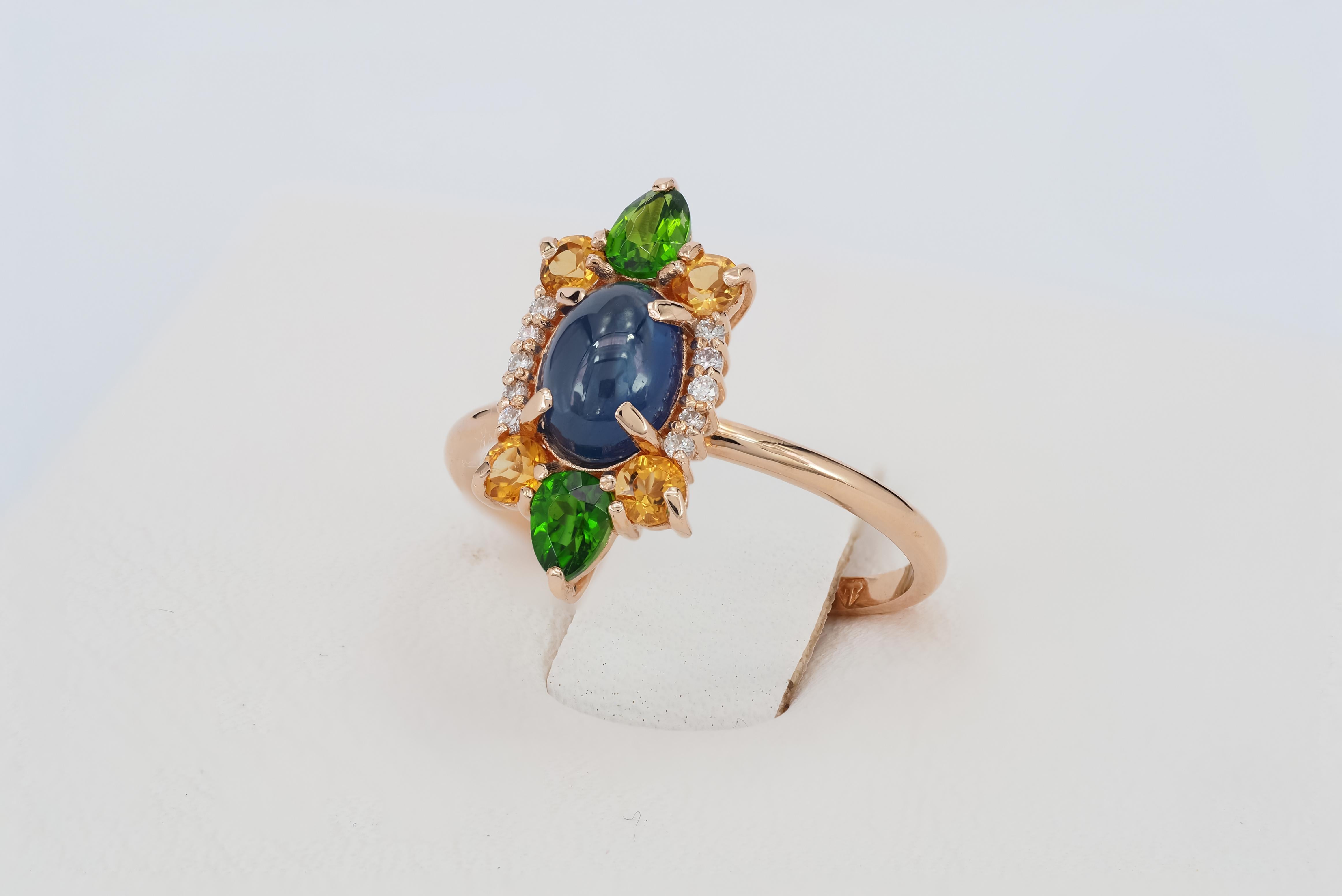 For Sale:  14k Gold Ring with Sapphire, Chrome Diopside and Diamonds 7
