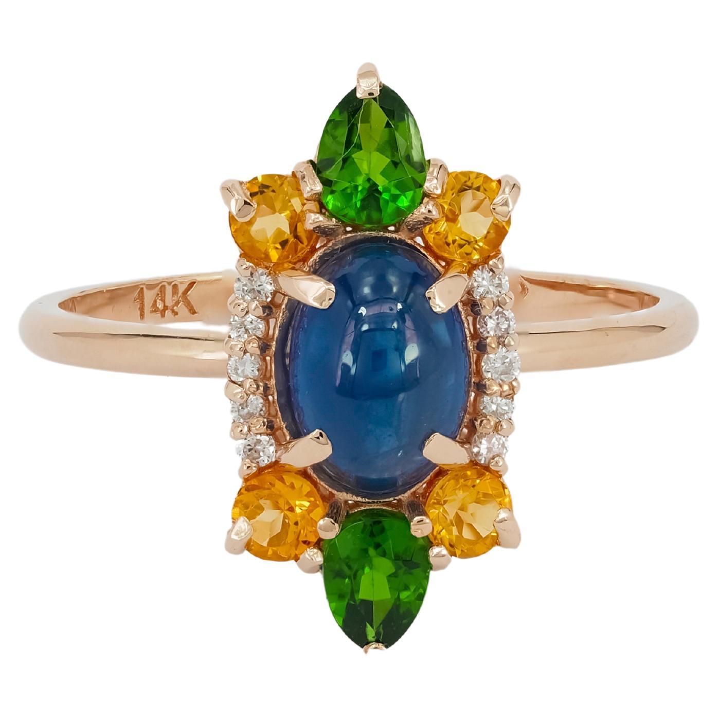 For Sale:  14k Gold Ring with Sapphire, Chrome Diopside and Diamonds