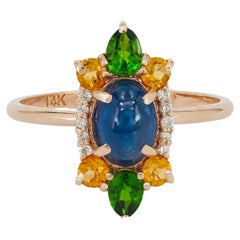 14k Gold Ring with Sapphire, Chrome Diopside and Diamonds