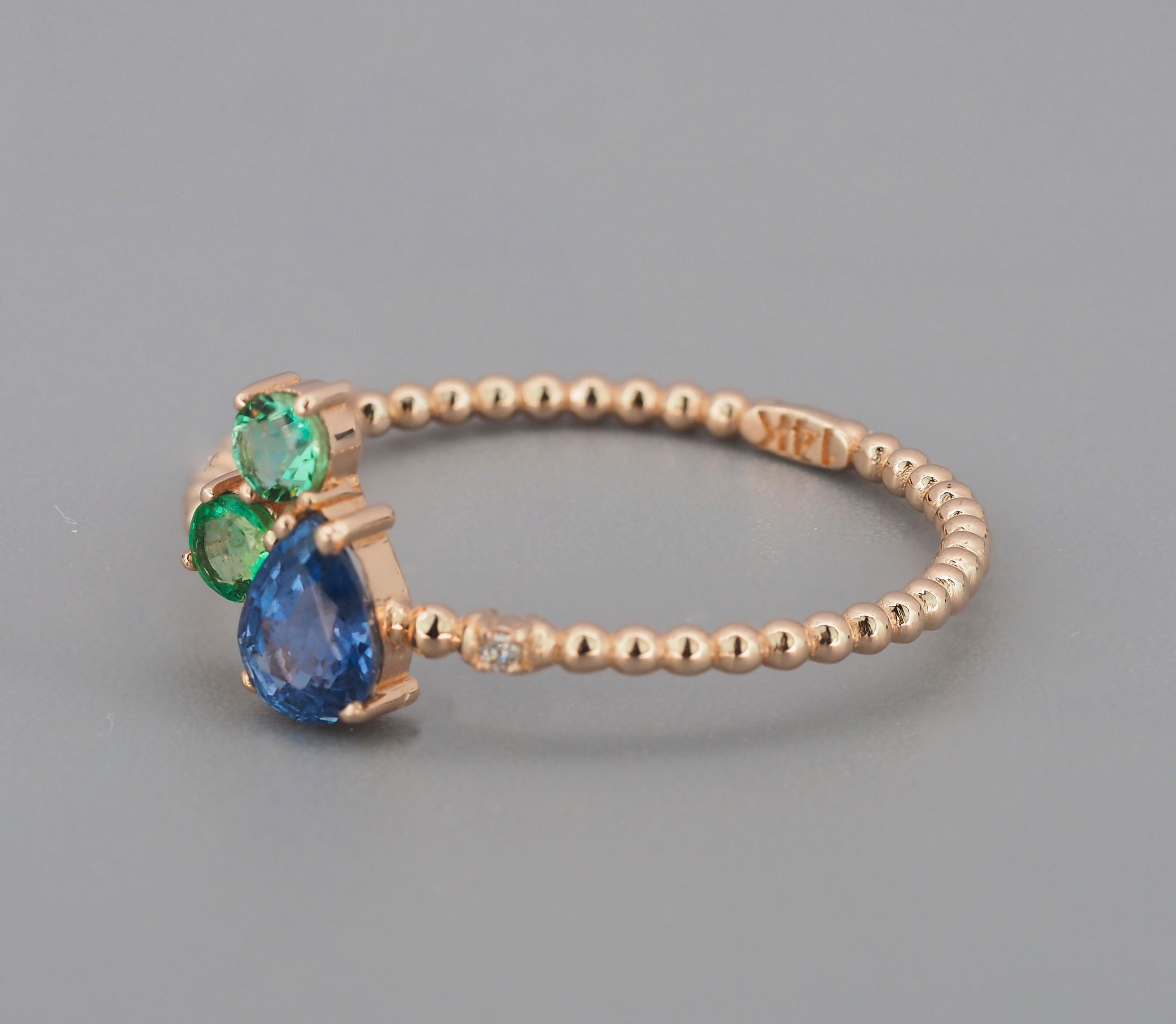 Pear Cut 14k Gold Ring with Sapphire, Emeralds and Diamond