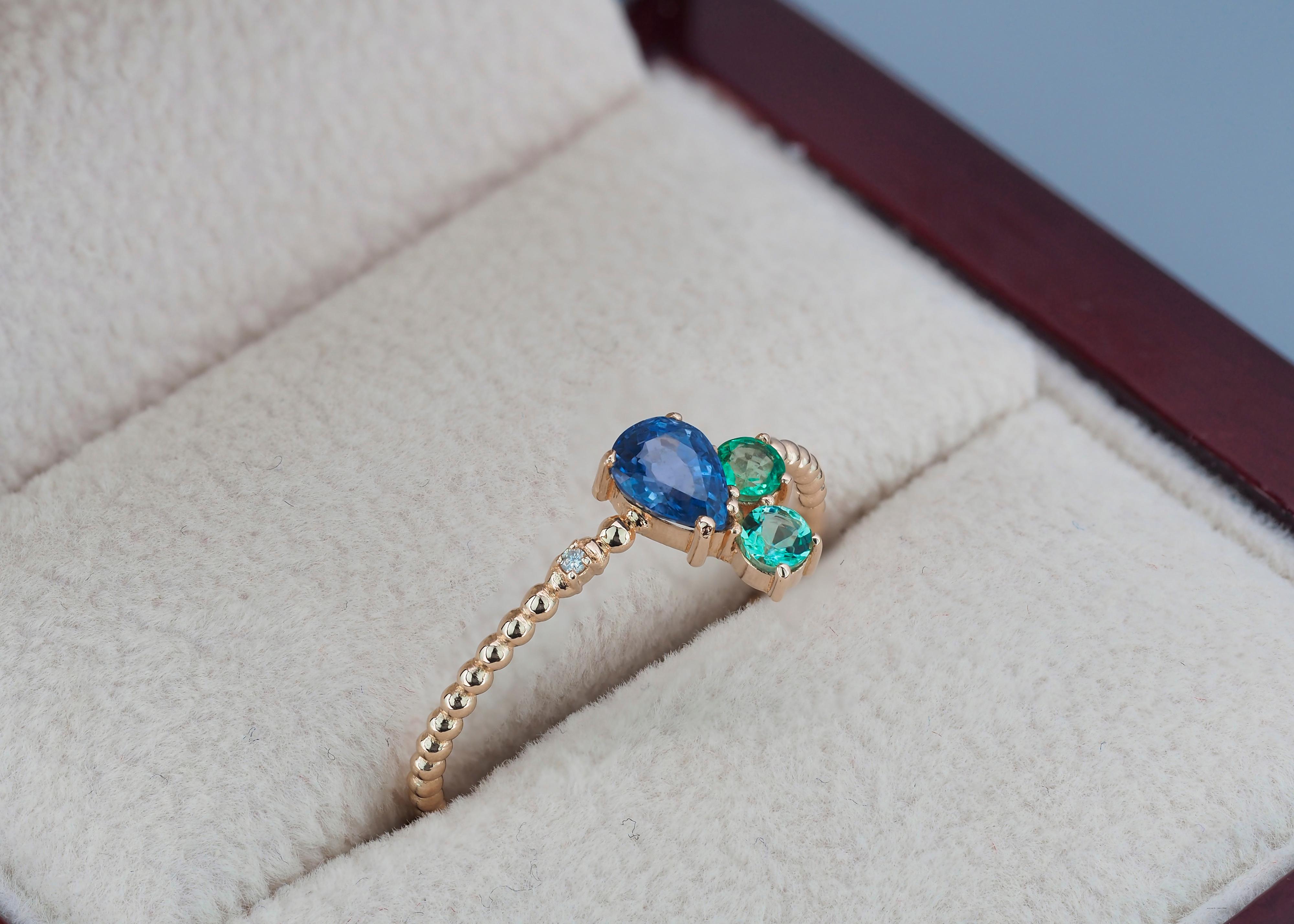 Women's 14k Gold Ring with Sapphire, Emeralds and Diamond