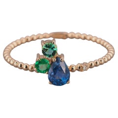 14k Gold Ring with Sapphire, Emeralds and Diamond