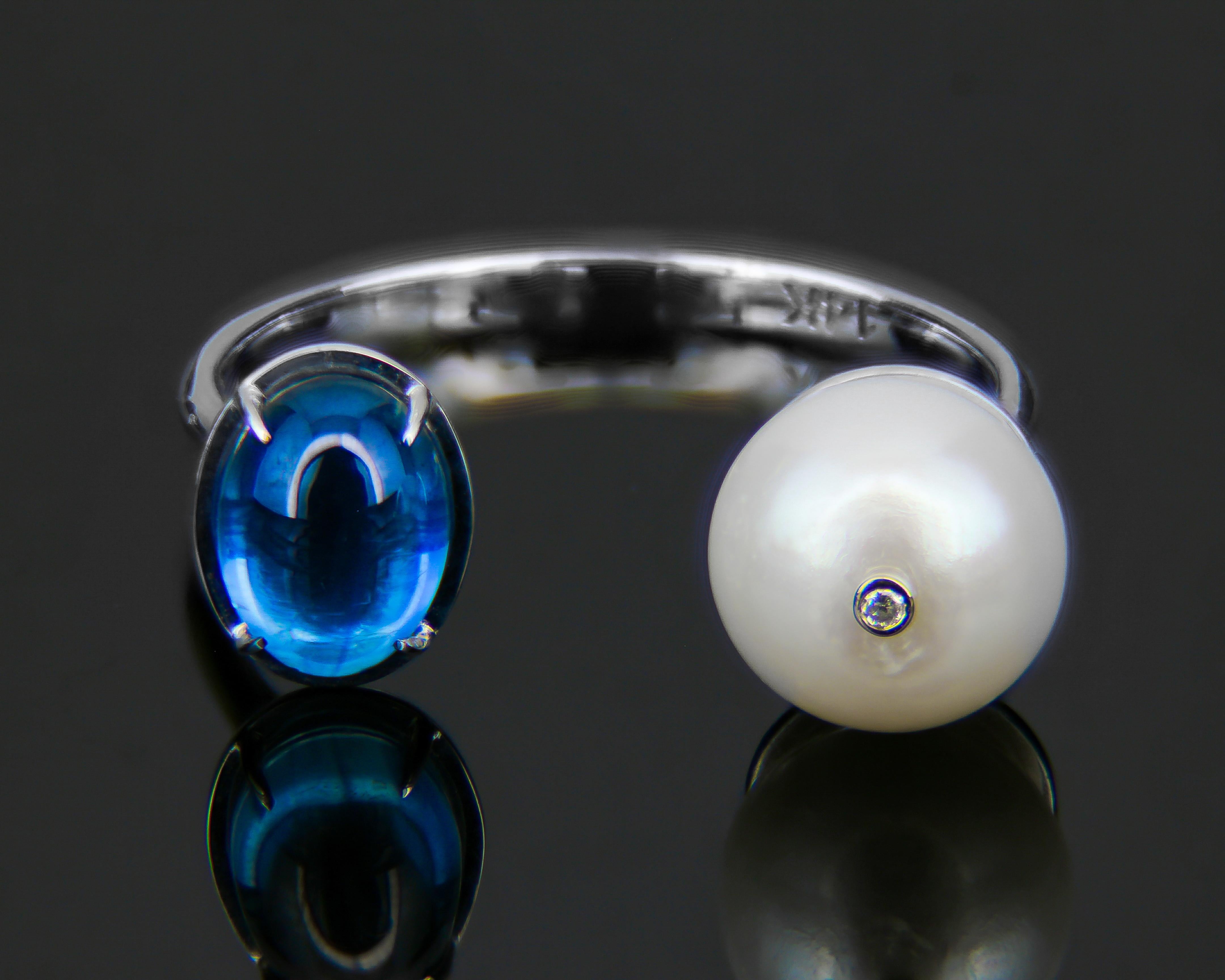 14k Gold Ring with Sapphire, Pearl and Diamond In New Condition In Istanbul, TR
