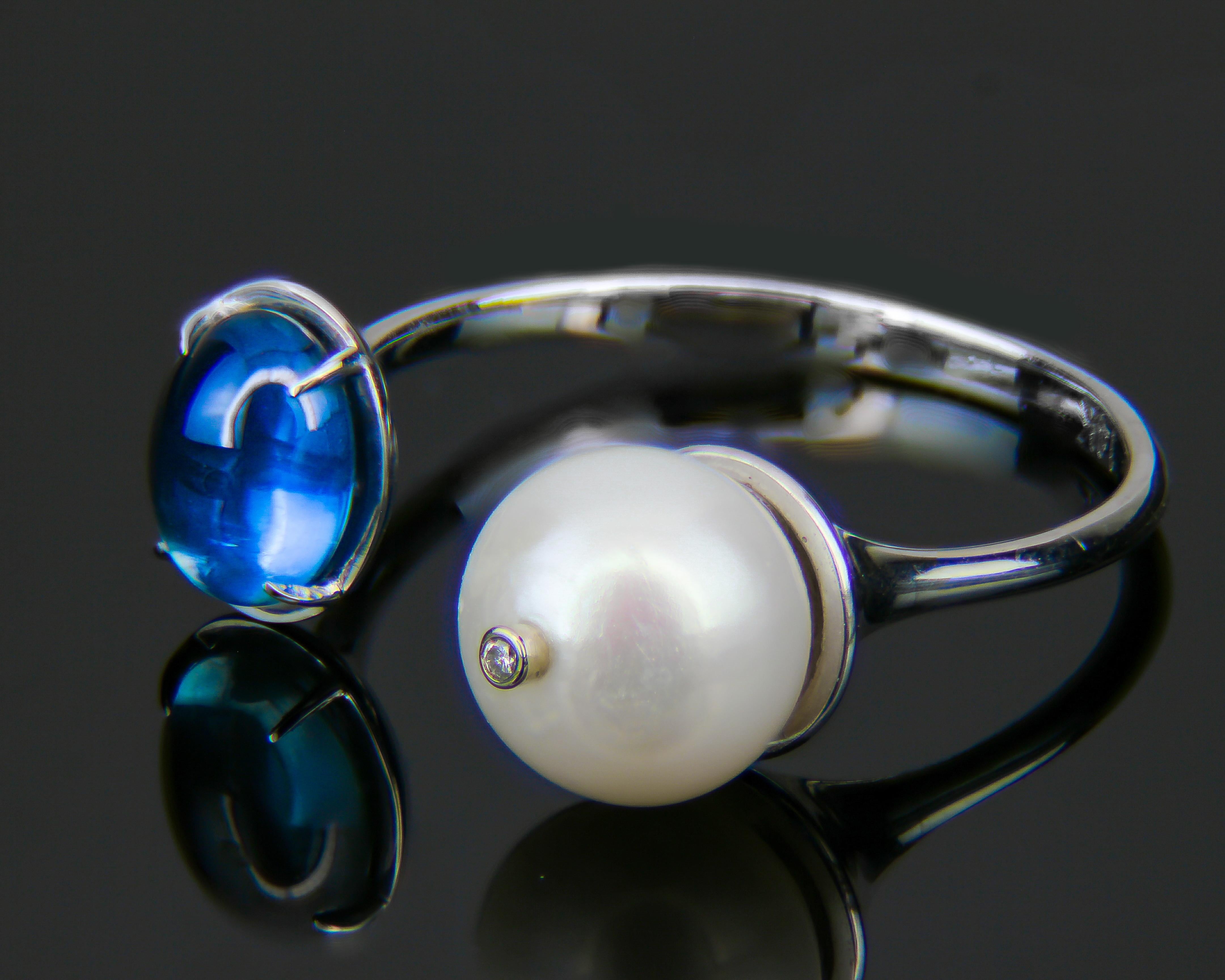 14k Gold Ring with Sapphire, Pearl and Diamond 1