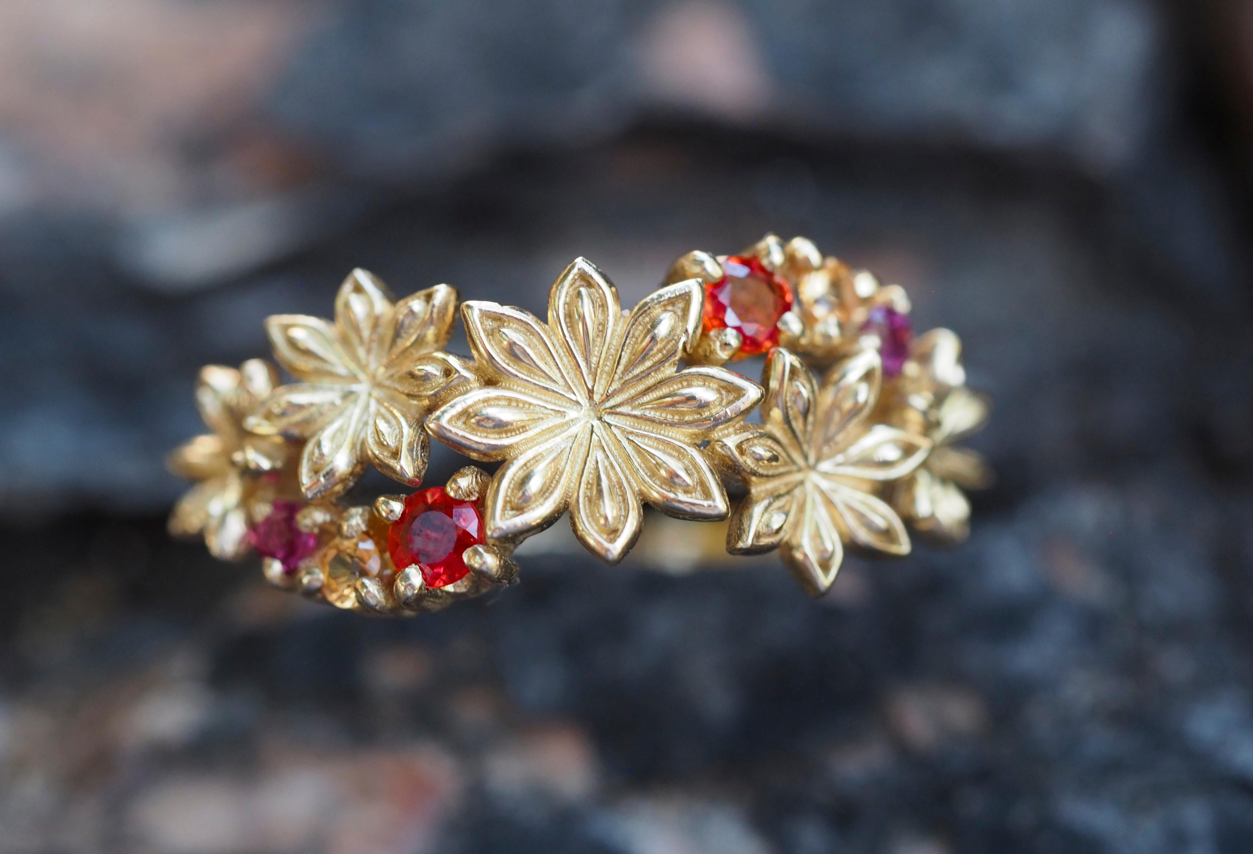 For Sale:  14k Gold Ring with Sapphires and Amethysts, Star Anise Flower Gold Ring. 10