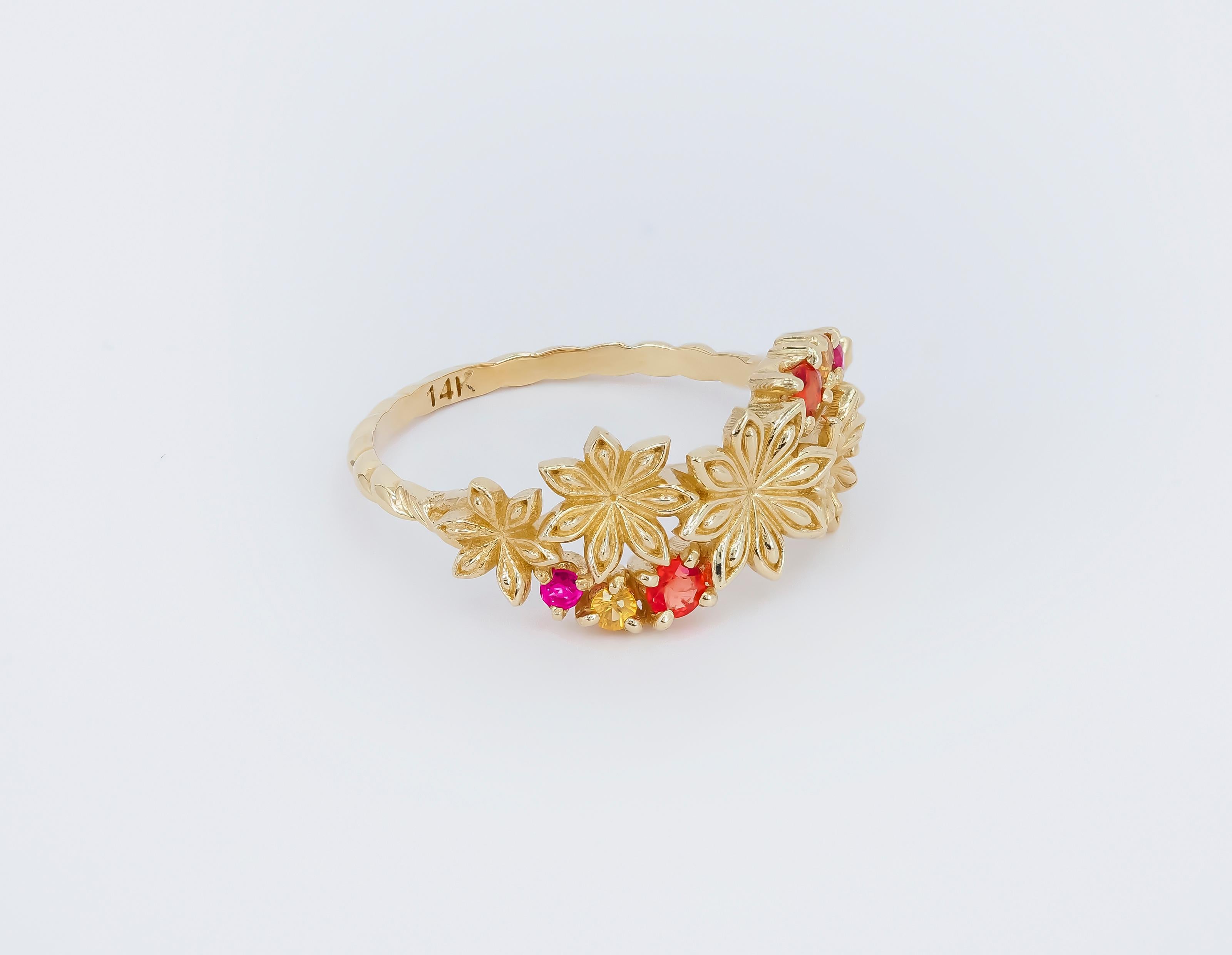 For Sale:  14k Gold Ring with Sapphires and Amethysts, Star Anise Flower Gold Ring. 3