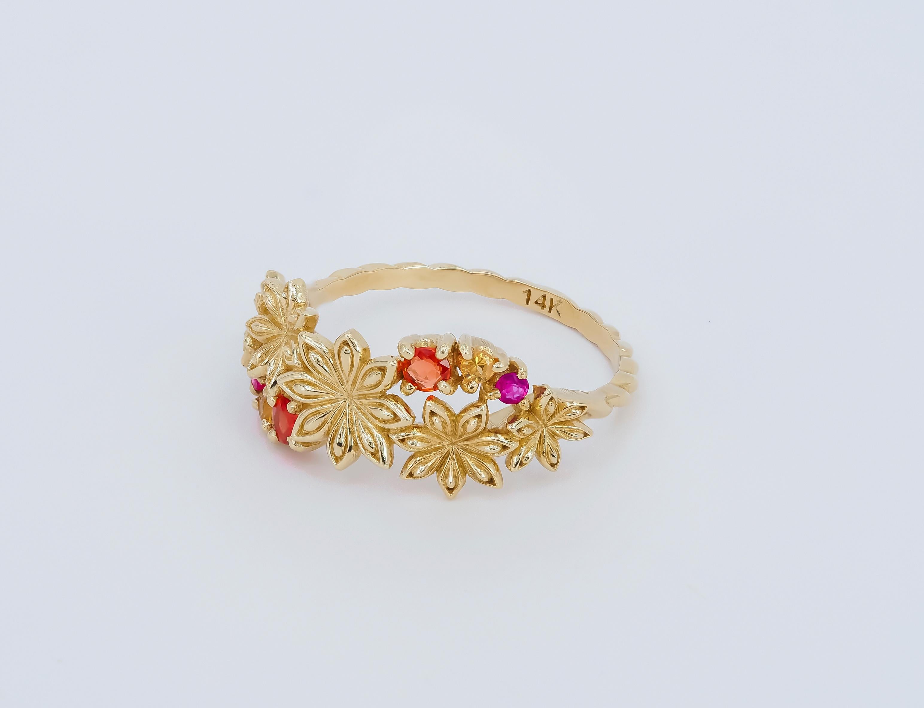 For Sale:  14k Gold Ring with Sapphires and Amethysts, Star Anise Flower Gold Ring. 4