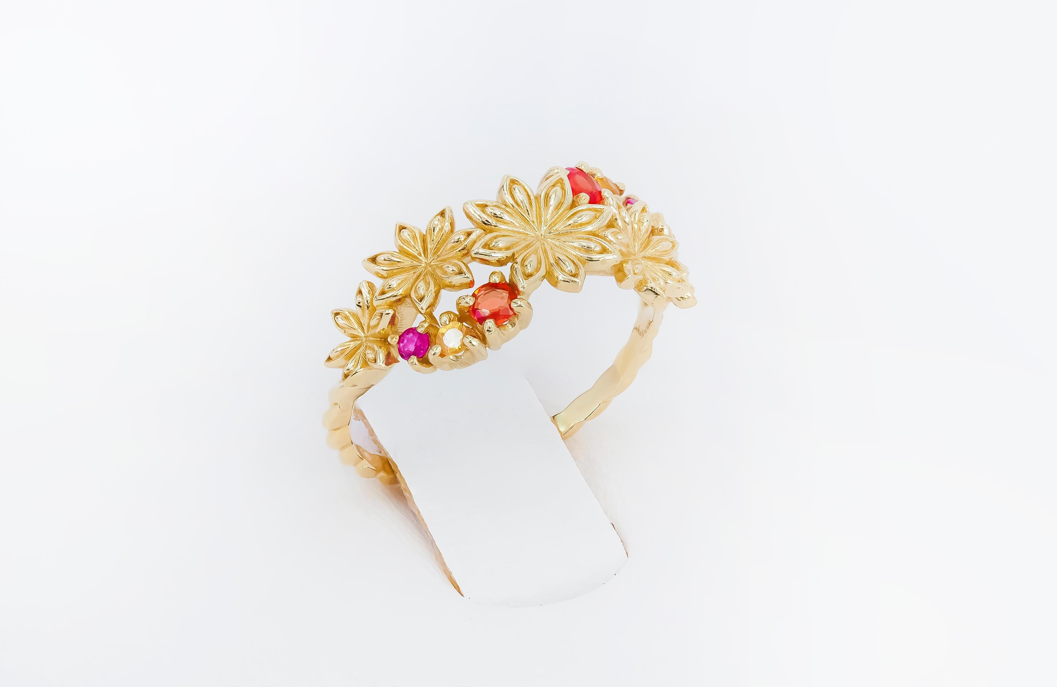 For Sale:  14k Gold Ring with Sapphires and Amethysts, Star Anise Flower Gold Ring. 6