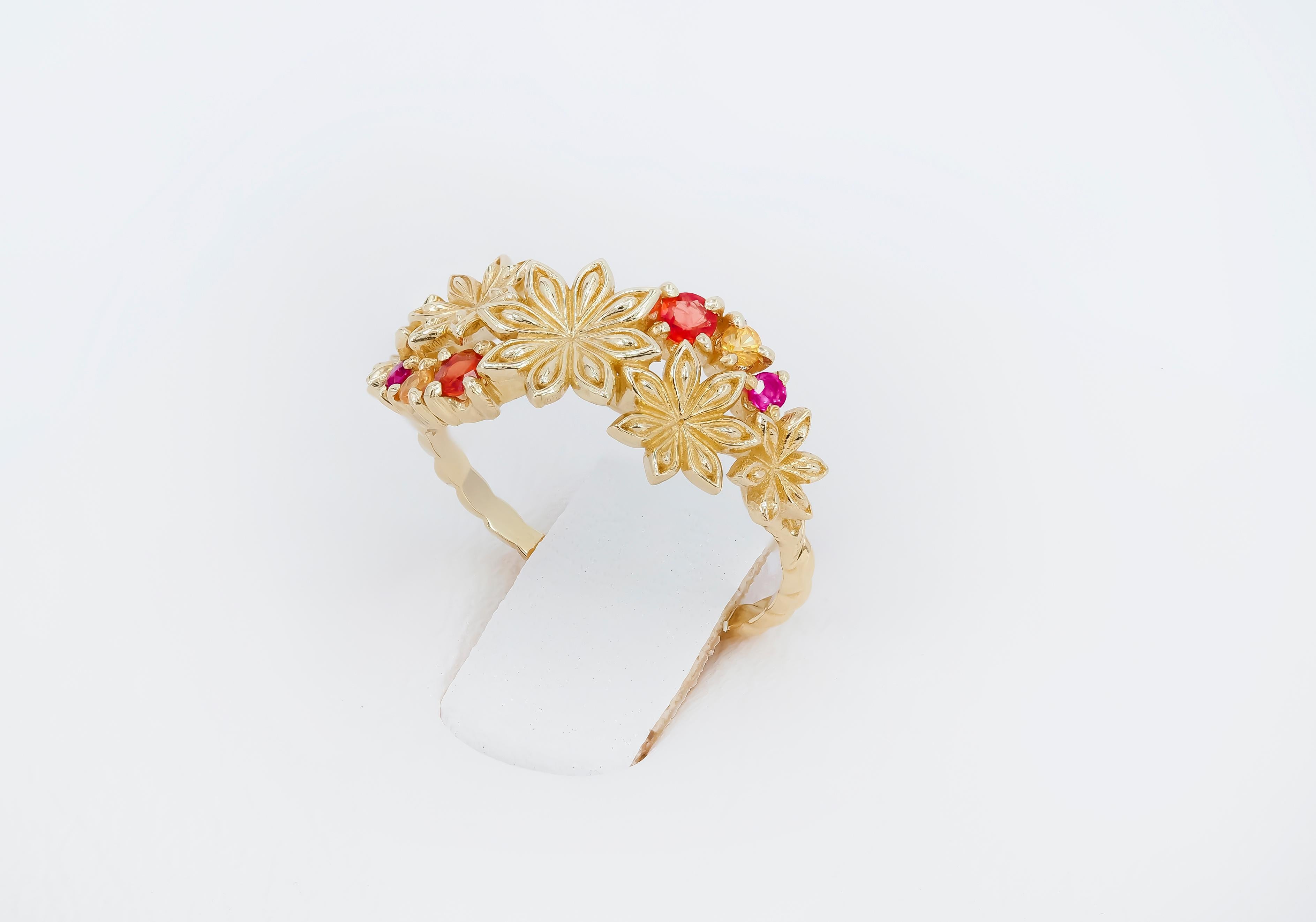 For Sale:  14k Gold Ring with Sapphires and Amethysts, Star Anise Flower Gold Ring. 7