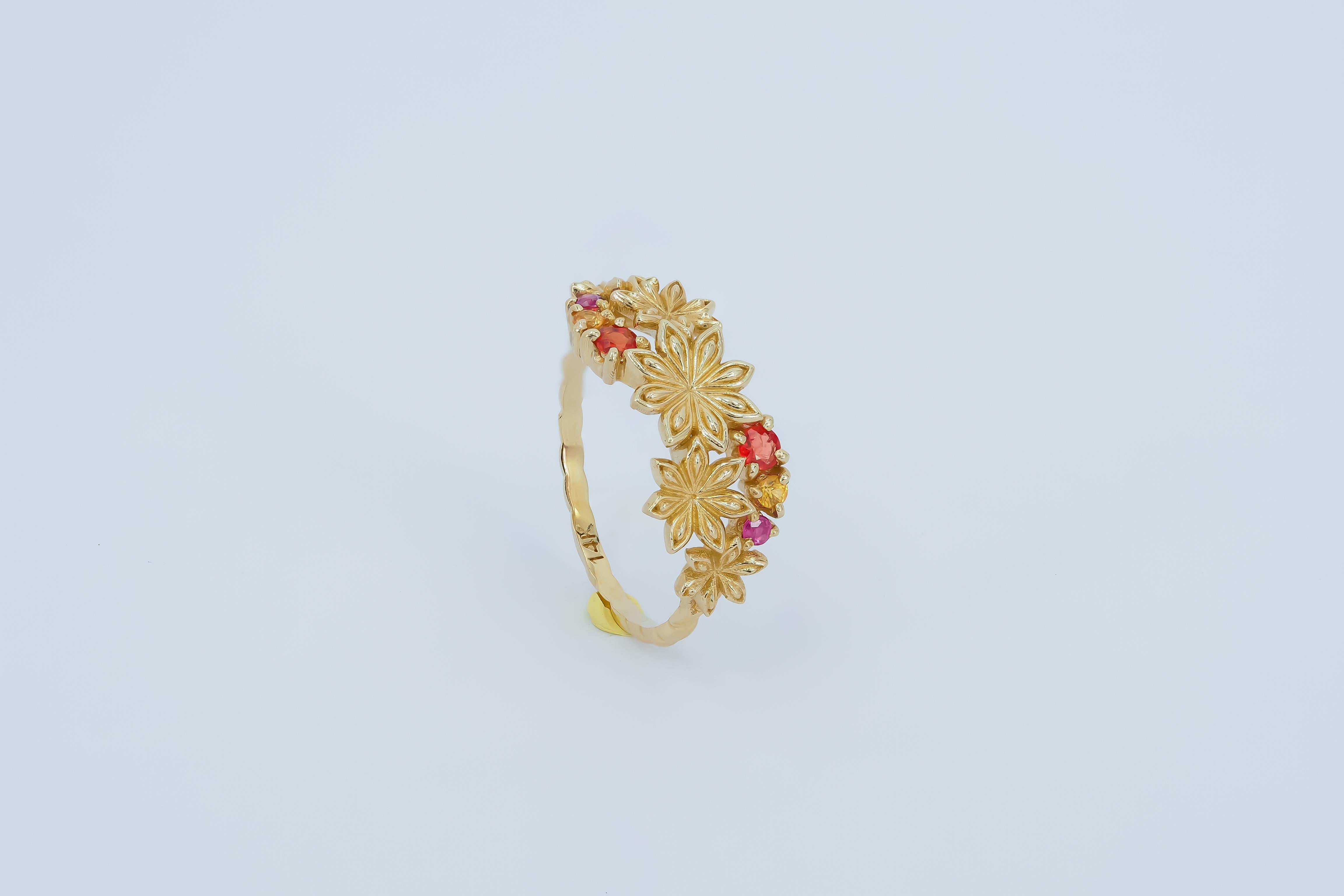 For Sale:  14k Gold Ring with Sapphires and Amethysts, Star Anise Flower Gold Ring. 8