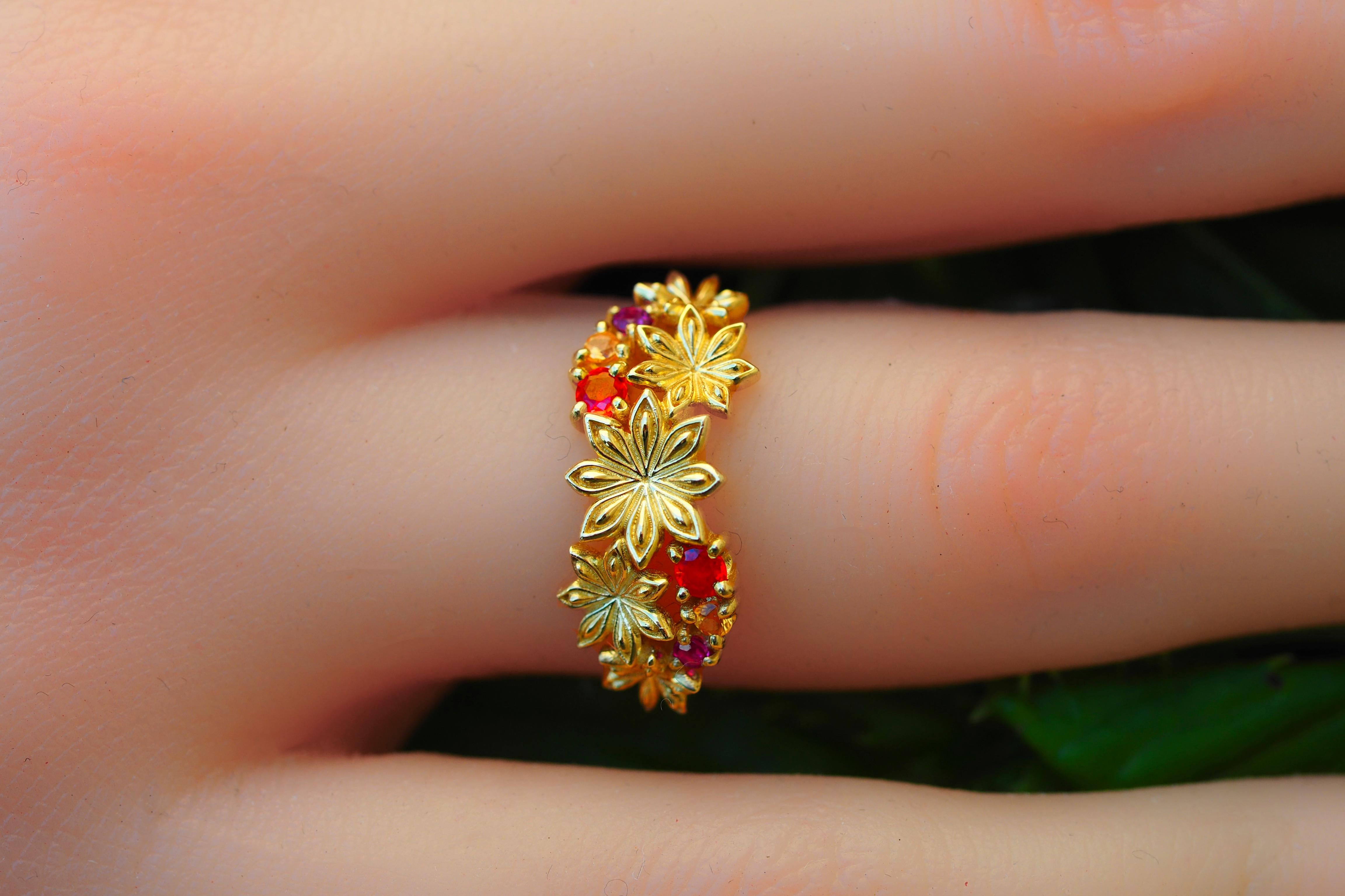 En vente :  Bague en or 14 carats avec saphirs et améthystes, bague étoile de fleur en or 9
