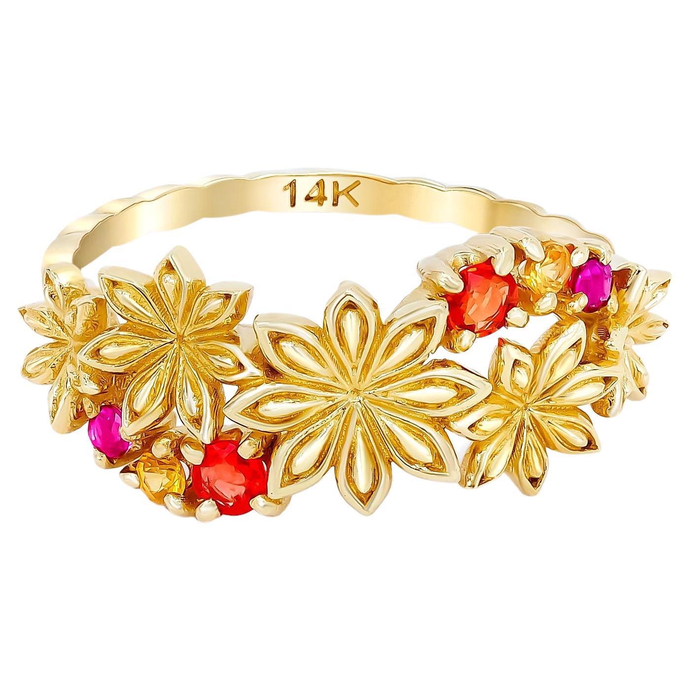 En vente :  Bague en or 14 carats avec saphirs et améthystes, bague étoile de fleur en or
