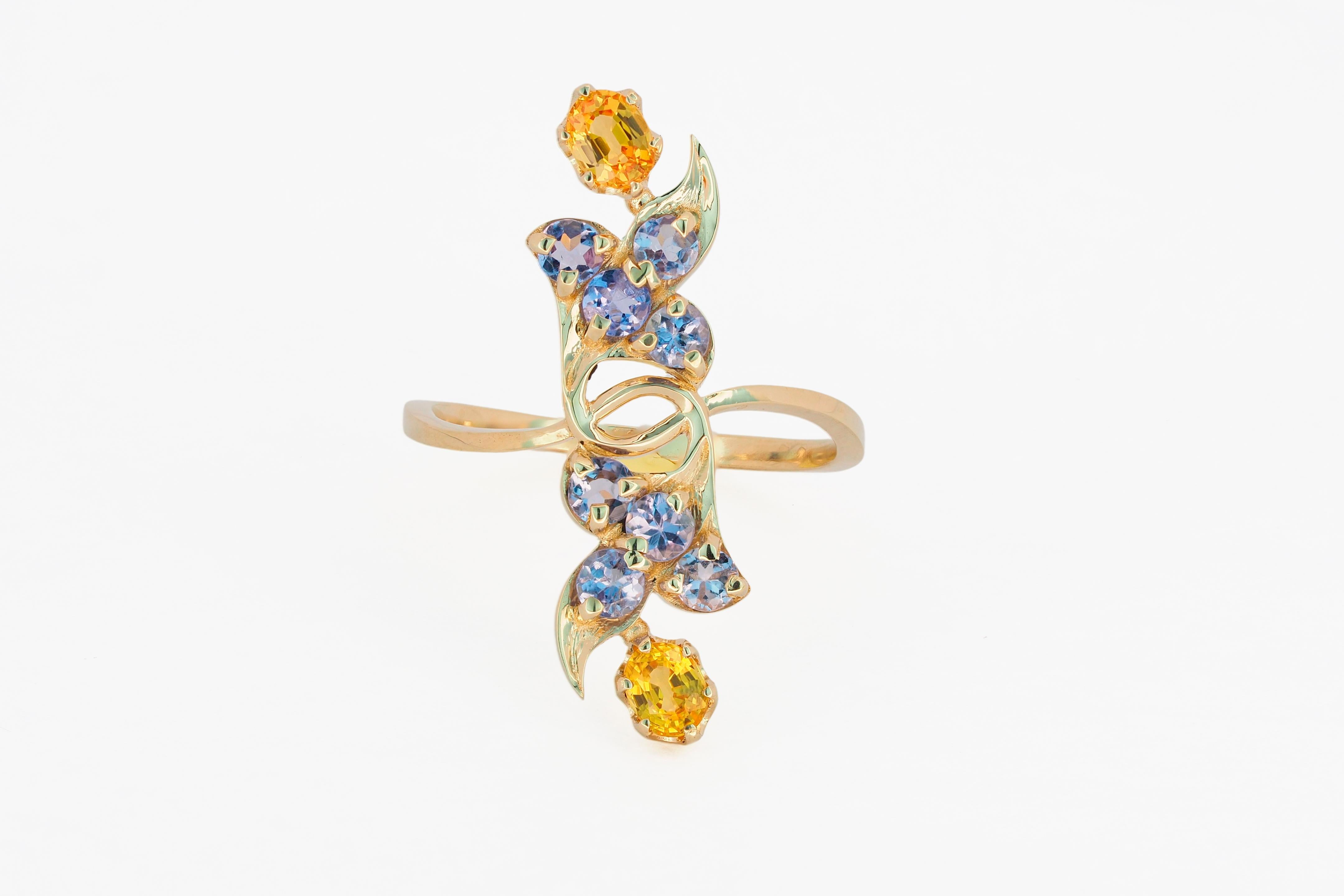 For Sale:  14 karat gold ring with genuine sapphires and tanzanites 2